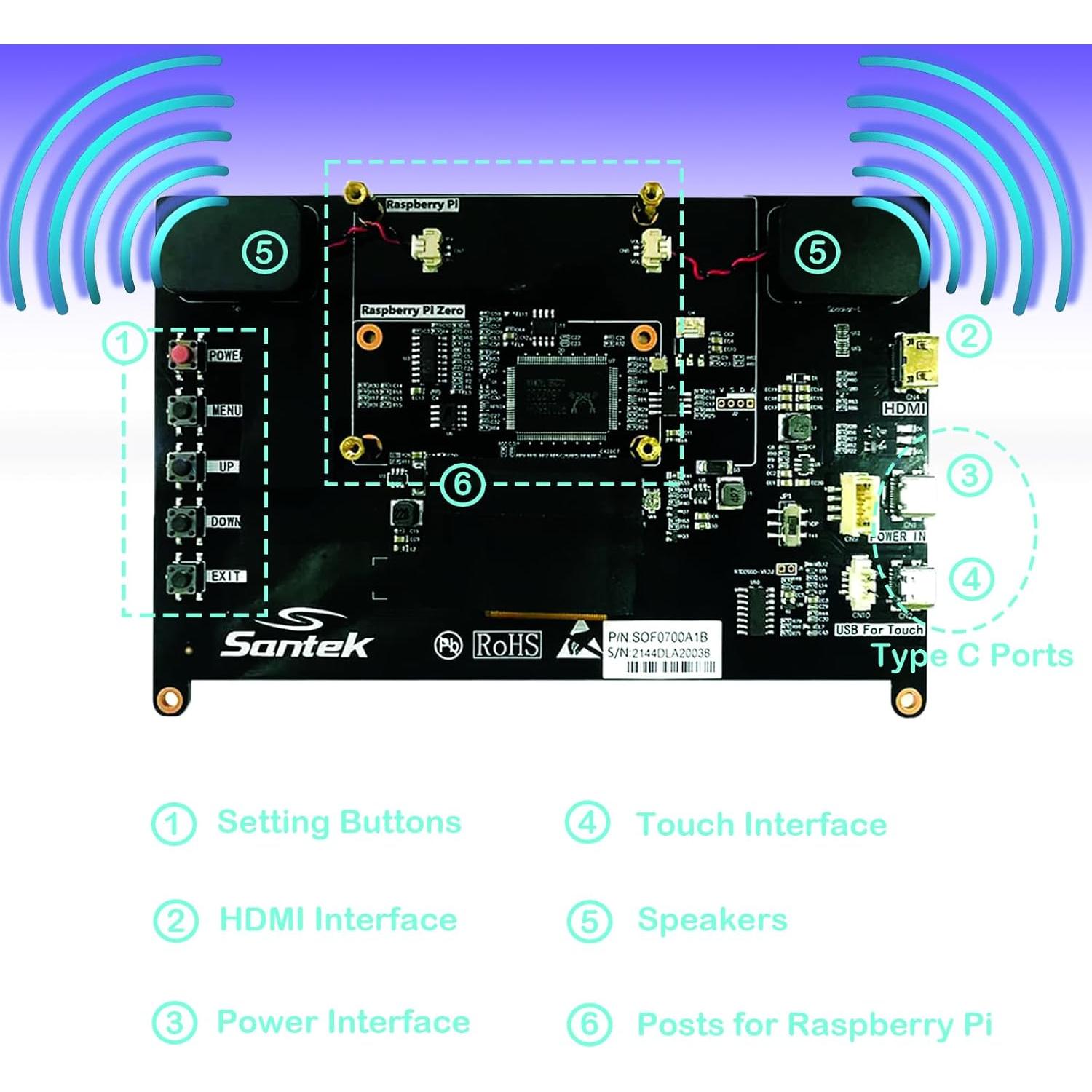 Monitor Táctil Santek 7" IPS 1024x600 HDMI para Raspberry Pi