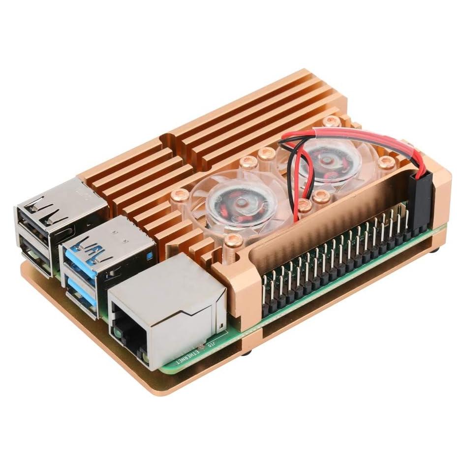 Raspberry Pi 4 Model B Aluminum Case with Dual Cooling Fan Metal Box Gold Shell for RPI 4B (with Dual Fan)