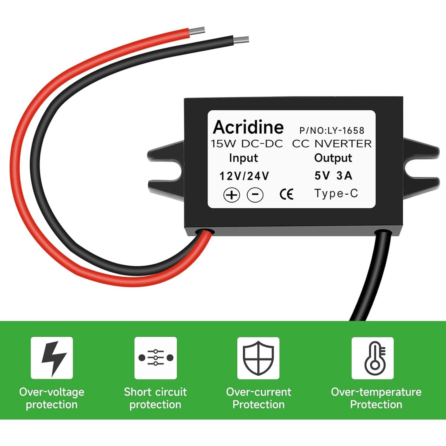 Convertidor Buck DC 12V/24V a 5V USB-C 3A 15W Acridine