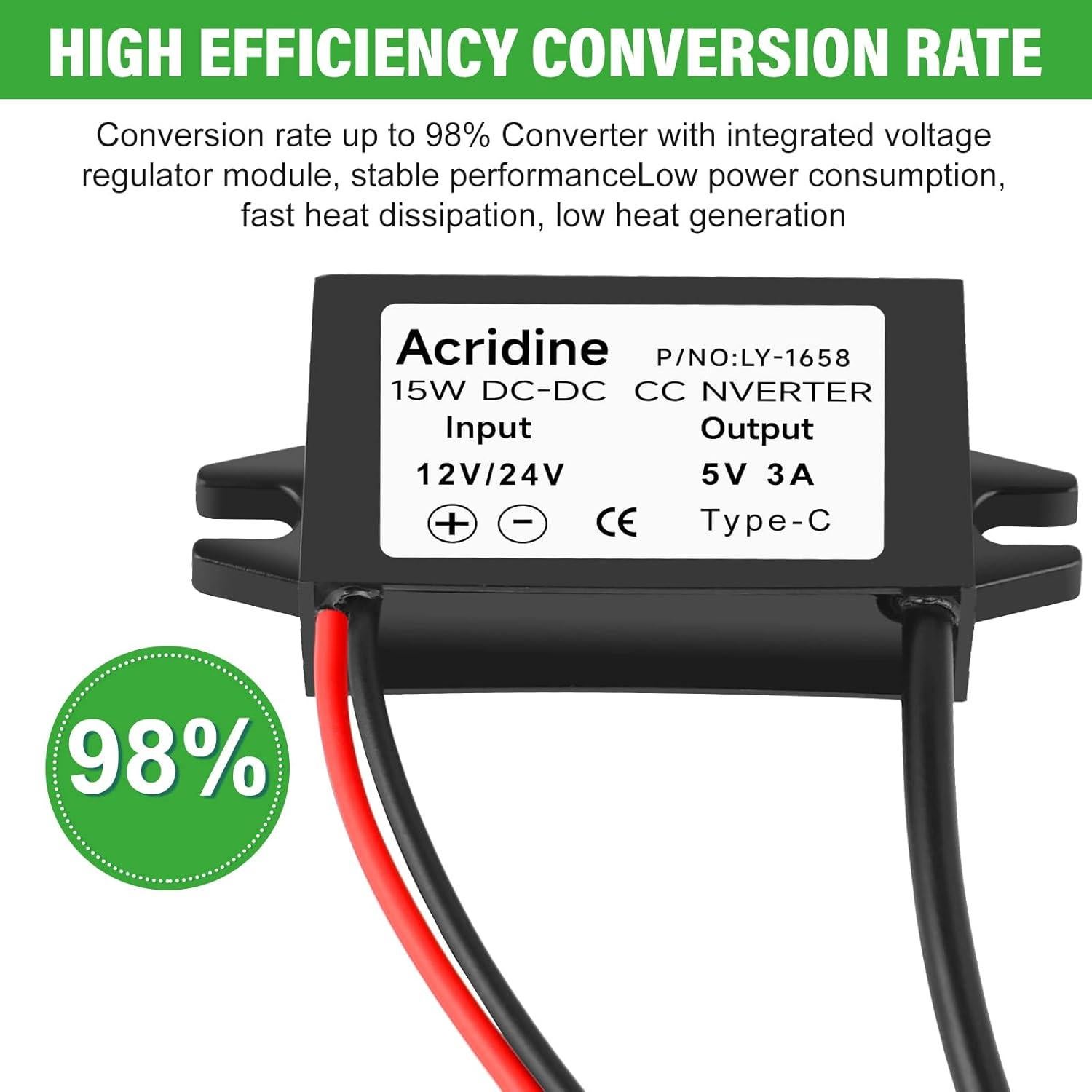 Convertidor Buck DC 12V/24V a 5V USB-C 3A 15W Acridine
