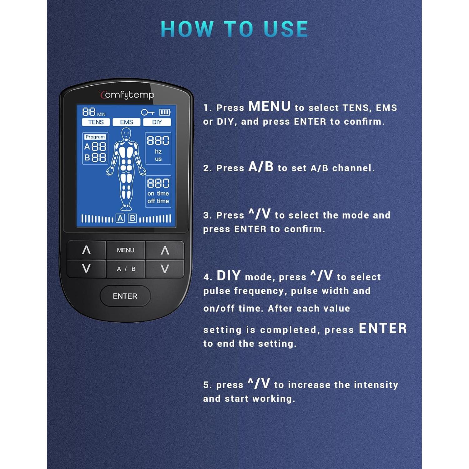 Comfytemp Estimulador Muscular TENS EMS 24 Modos y Pantalla 7.6cm