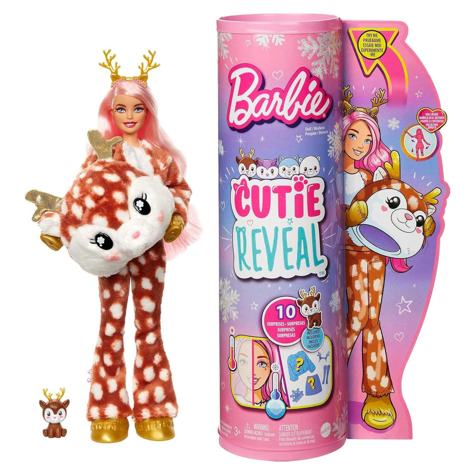 Barbie Cutie Reveal Doll, Snowflake Sparkle Series Deer Plush Costume, 10 Surprises Including Mini Pet & Color Change
