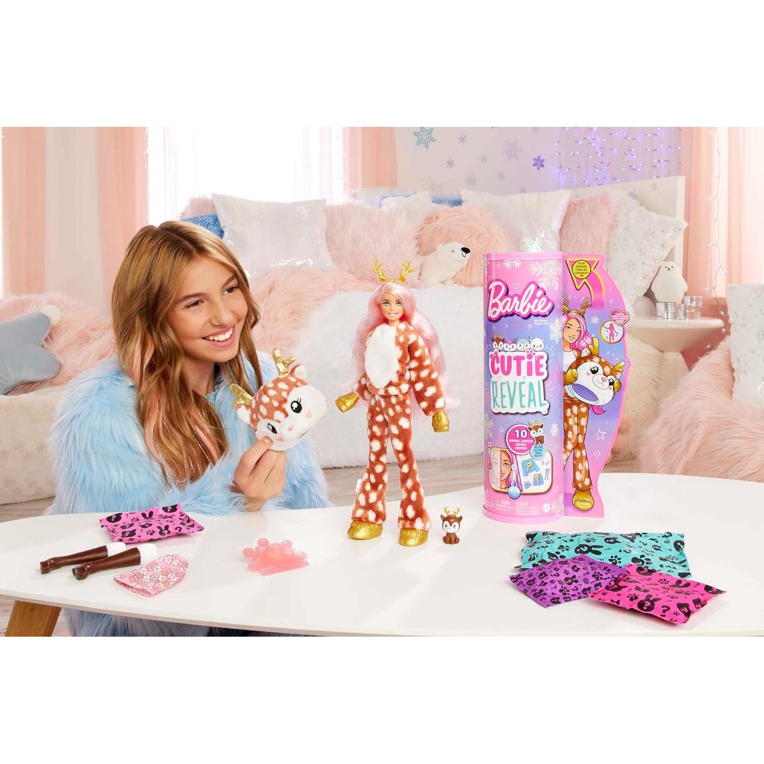 Barbie Cutie Reveal Doll, Snowflake Sparkle Series Deer Plush Costume, 10 Surprises Including Mini Pet & Color Change