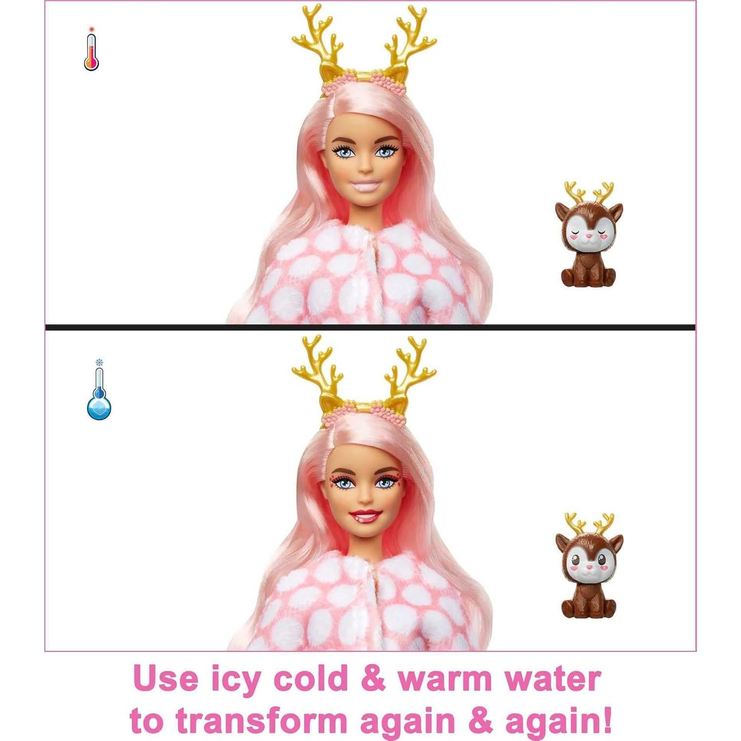 Barbie Cutie Reveal Doll, Snowflake Sparkle Series Deer Plush Costume, 10 Surprises Including Mini Pet & Color Change
