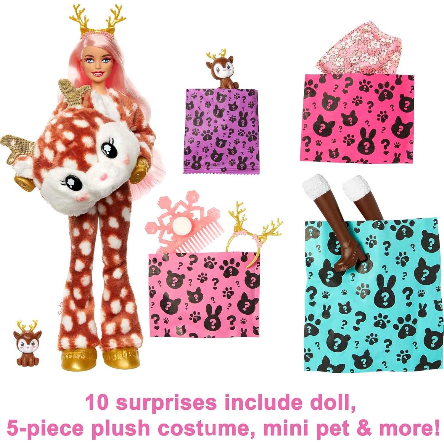 Barbie Cutie Reveal Doll, Snowflake Sparkle Series Deer Plush Costume, 10 Surprises Including Mini Pet & Color Change