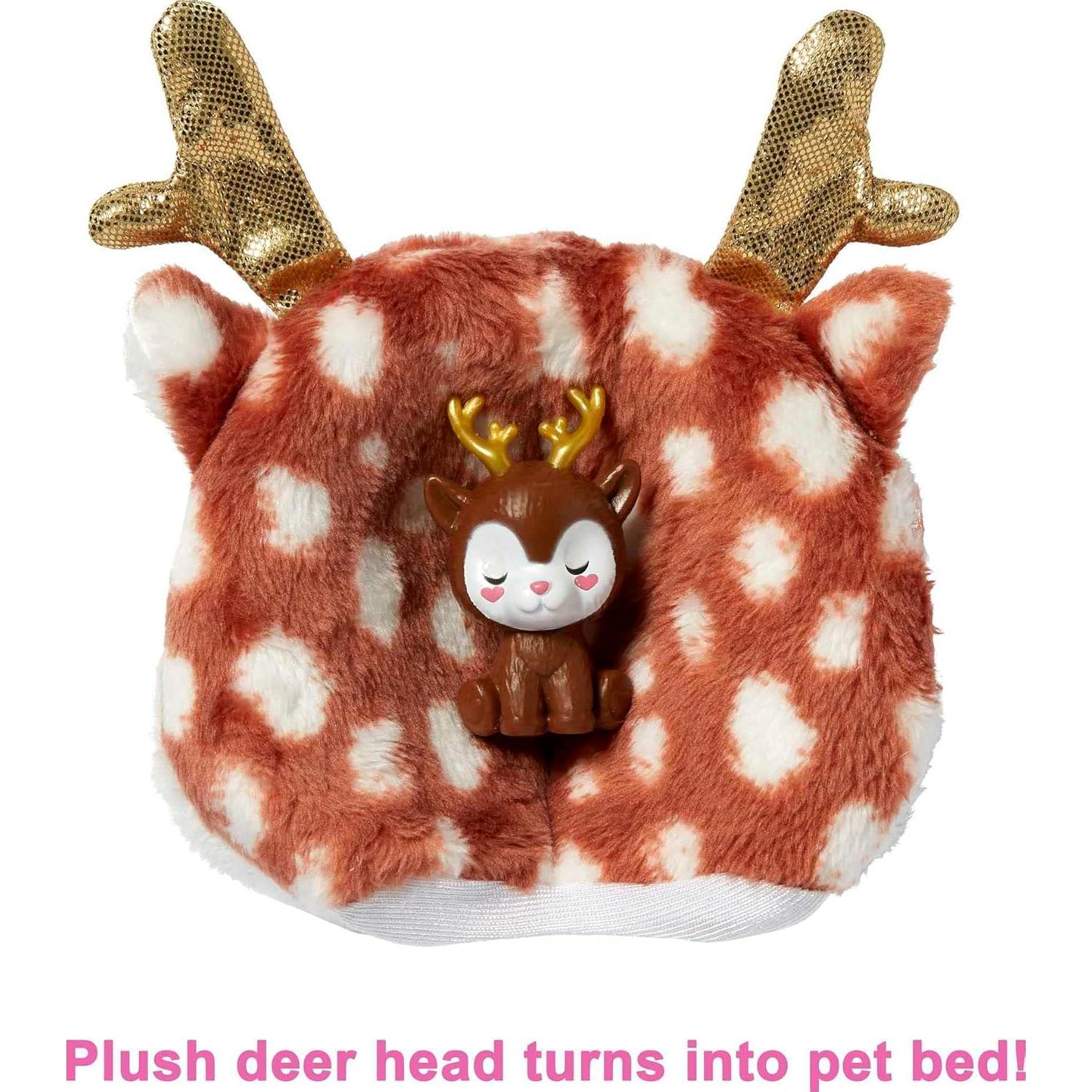 Barbie Cutie Reveal Doll, Snowflake Sparkle Series Deer Plush Costume, 10 Surprises Including Mini Pet & Color Change
