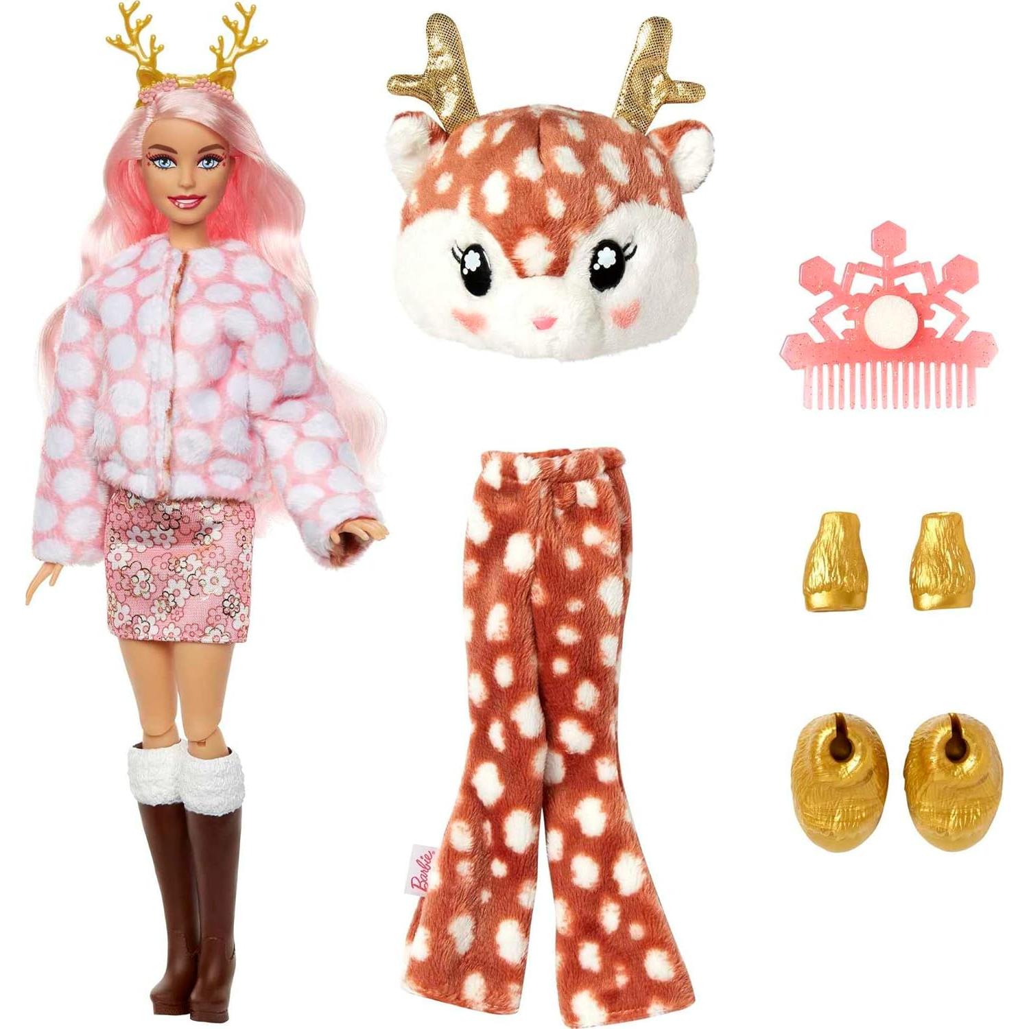 Barbie Cutie Reveal Doll, Snowflake Sparkle Series Deer Plush Costume, 10 Surprises Including Mini Pet & Color Change