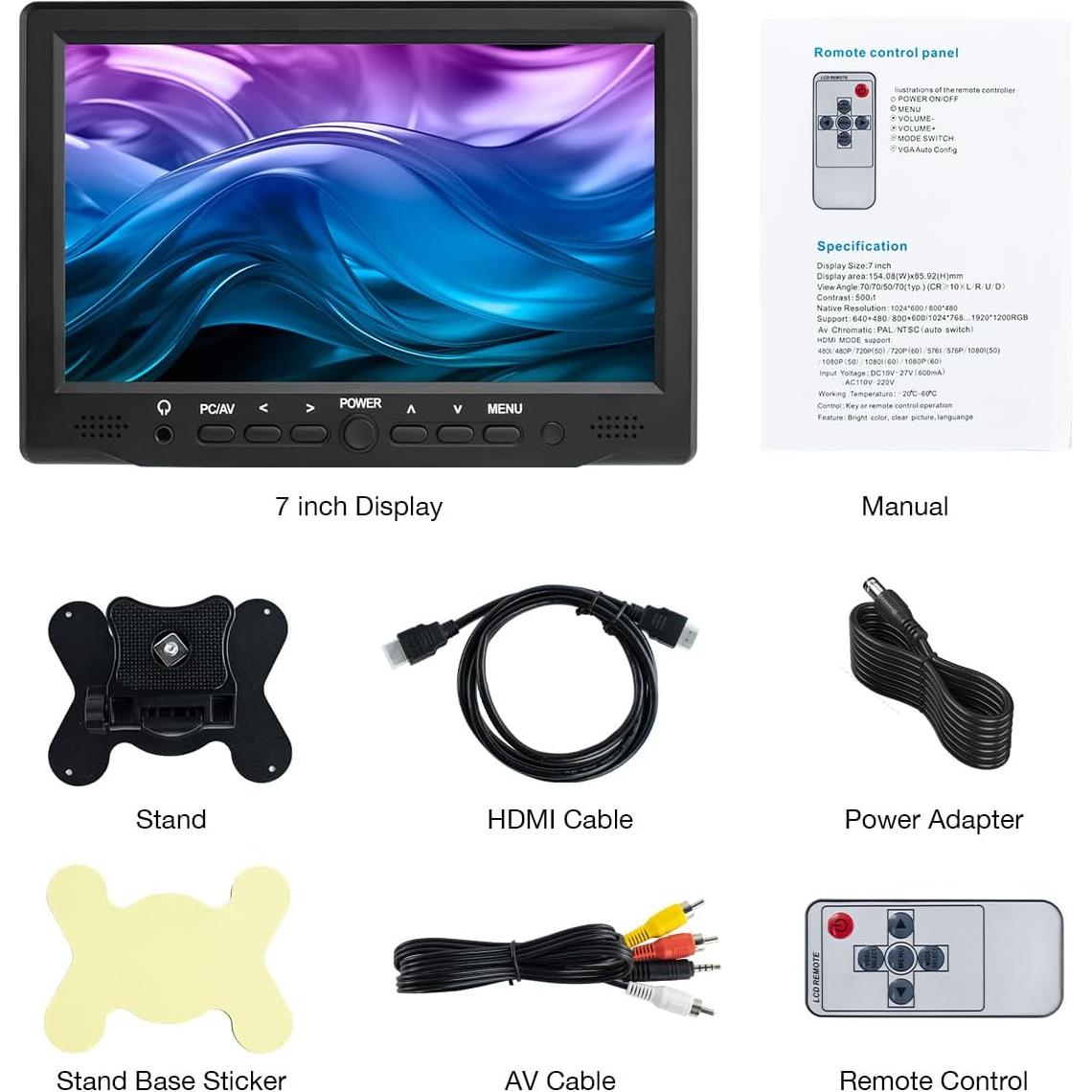 Monitor TFT LCD 7" Hosyond 1024x600 Portátil HDMI VGA