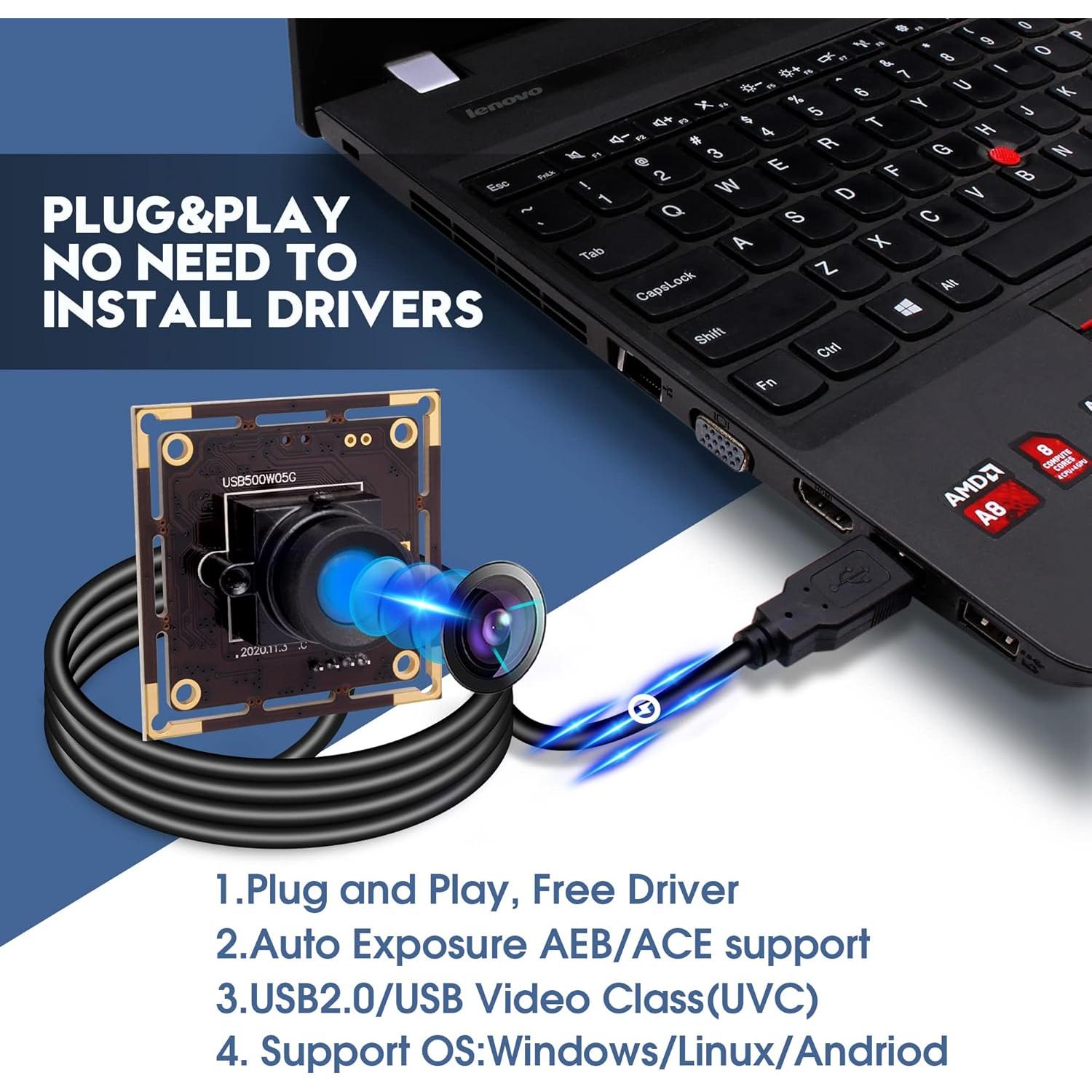 Cámara USB 5MP IFWATER con lente 100° sin distorsión