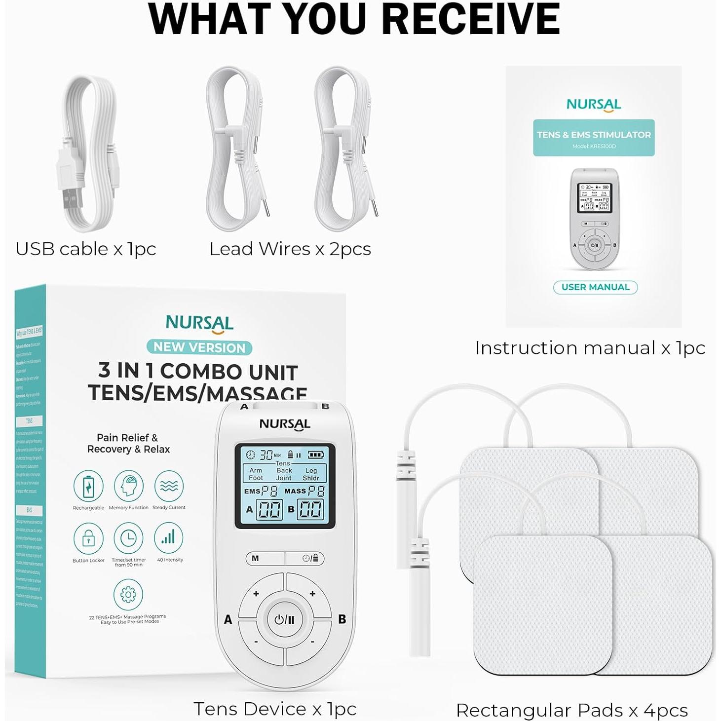 NURSAL Máquina Estimuladora Muscular TENS 3 en 1