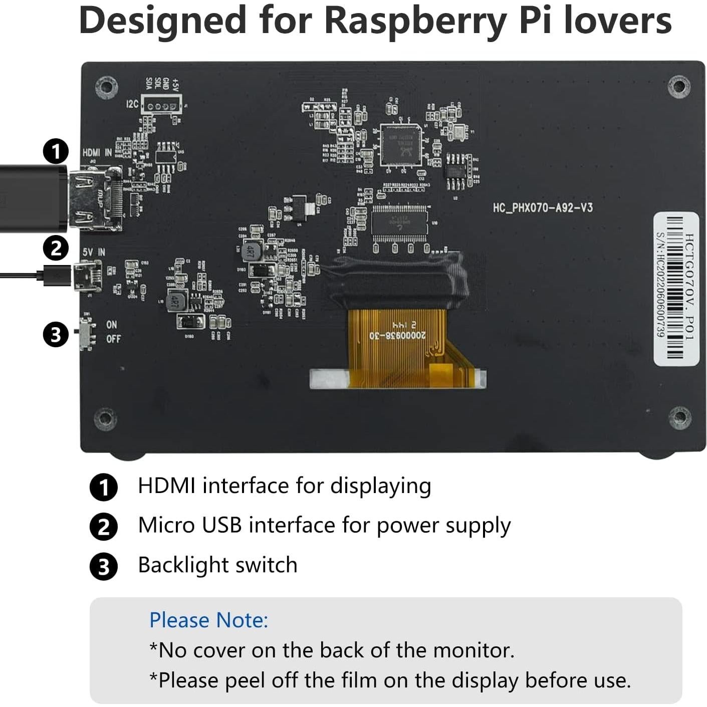 Monitor Portátil 7" HAMTYSAN HDMI 800x480 IPS para Raspberry Pi
