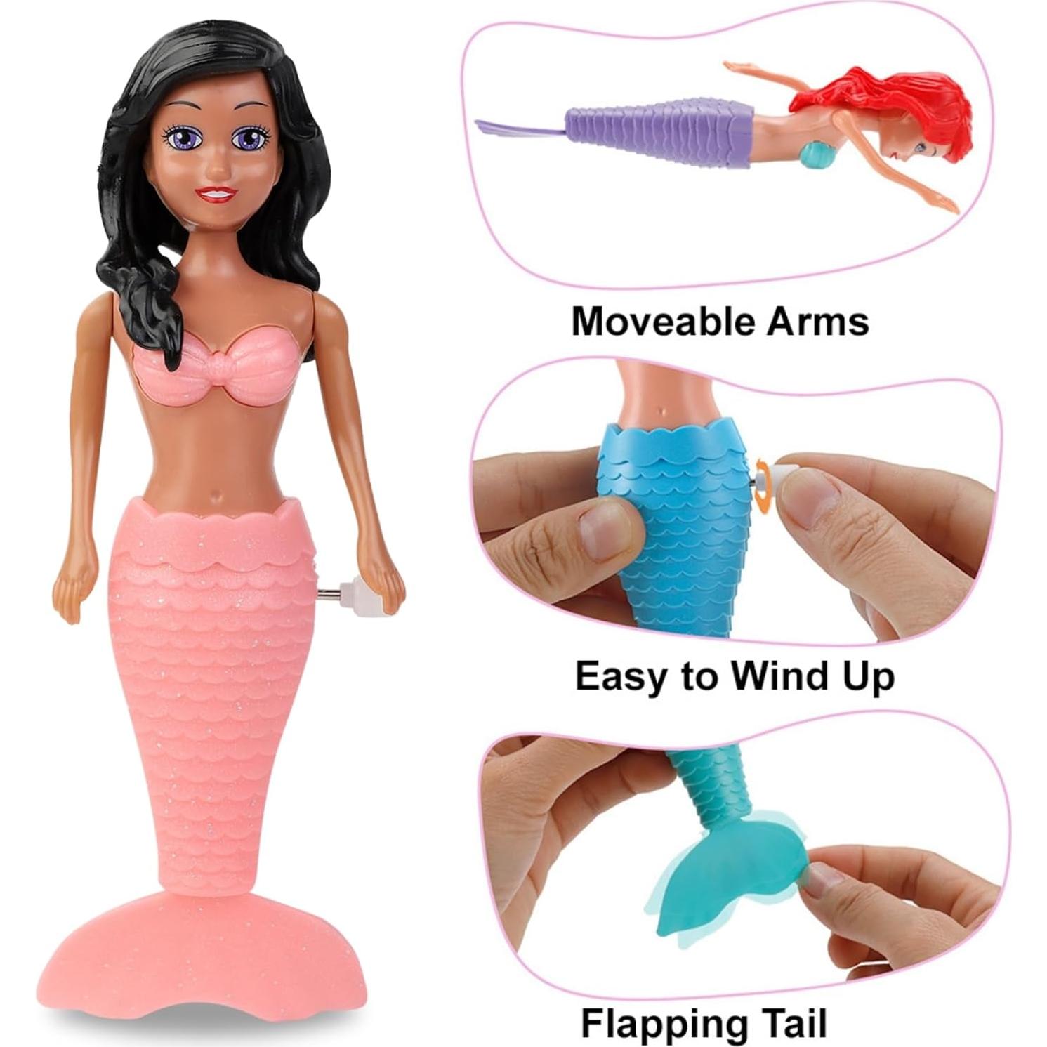 Mermaid Bath Toys for Toddlers Kids Girls - Princess Wind Up Tail Flap Floating Water Bathtub Toys, Swimming Pool Bathing Time Fun (4 Pack)