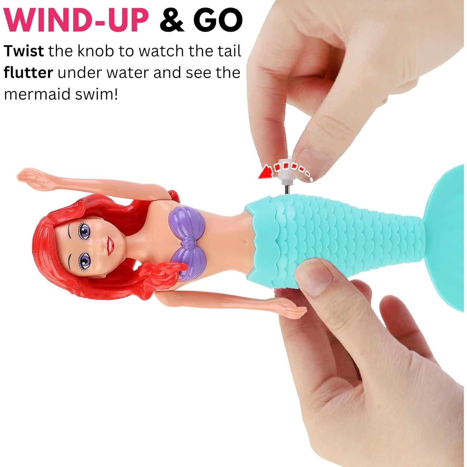 Mermaid Bath Toys for Toddlers Kids Girls - Princess Wind Up Tail Flap Floating Water Bathtub Toys, Swimming Pool Bathing Time Fun (4 Pack)