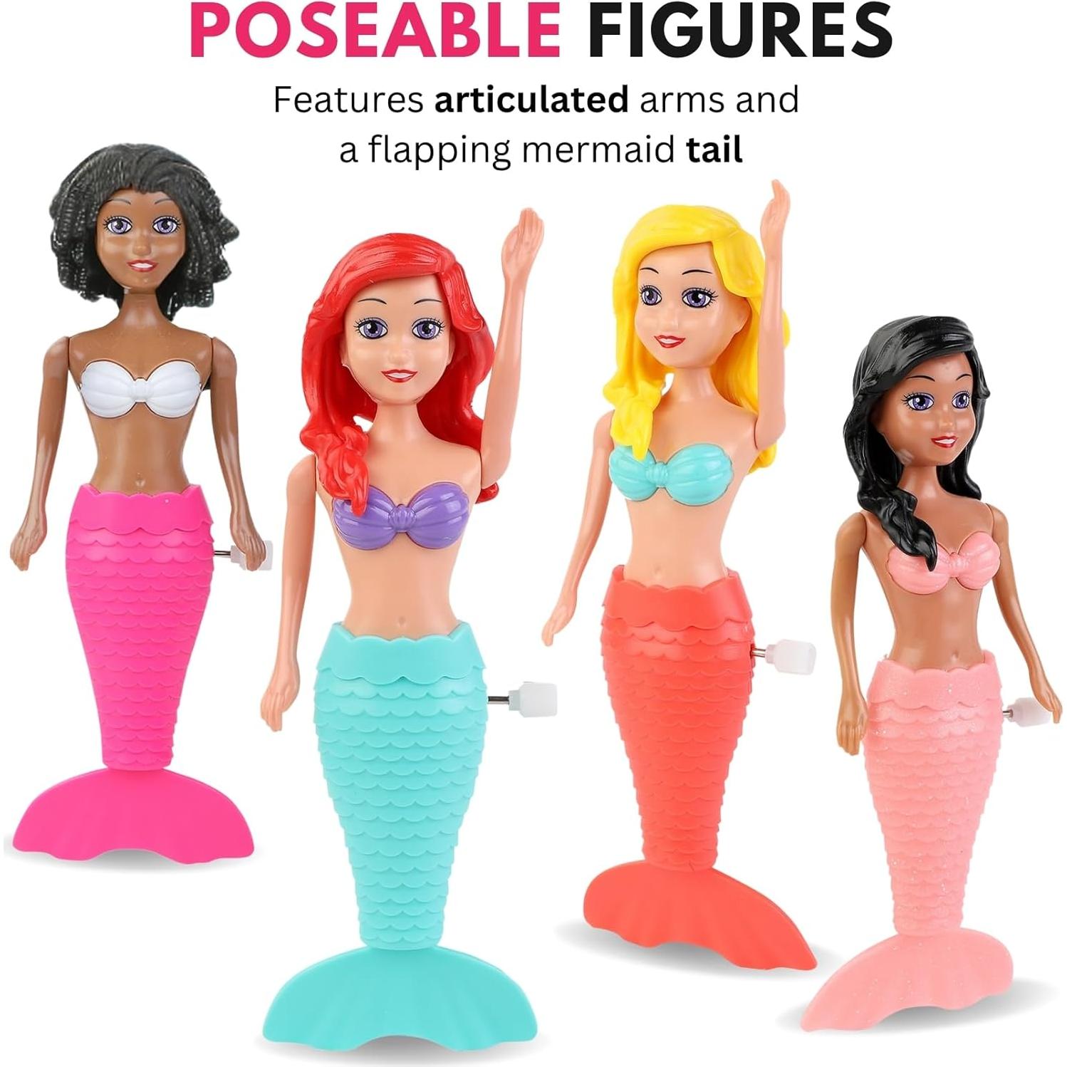 Mermaid Bath Toys for Toddlers Kids Girls - Princess Wind Up Tail Flap Floating Water Bathtub Toys, Swimming Pool Bathing Time Fun (4 Pack)