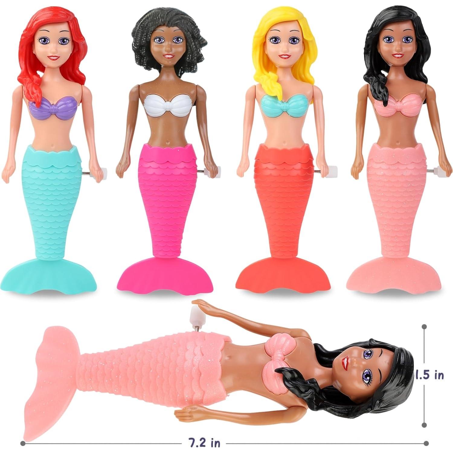 Mermaid Bath Toys for Toddlers Kids Girls - Princess Wind Up Tail Flap Floating Water Bathtub Toys, Swimming Pool Bathing Time Fun (4 Pack)