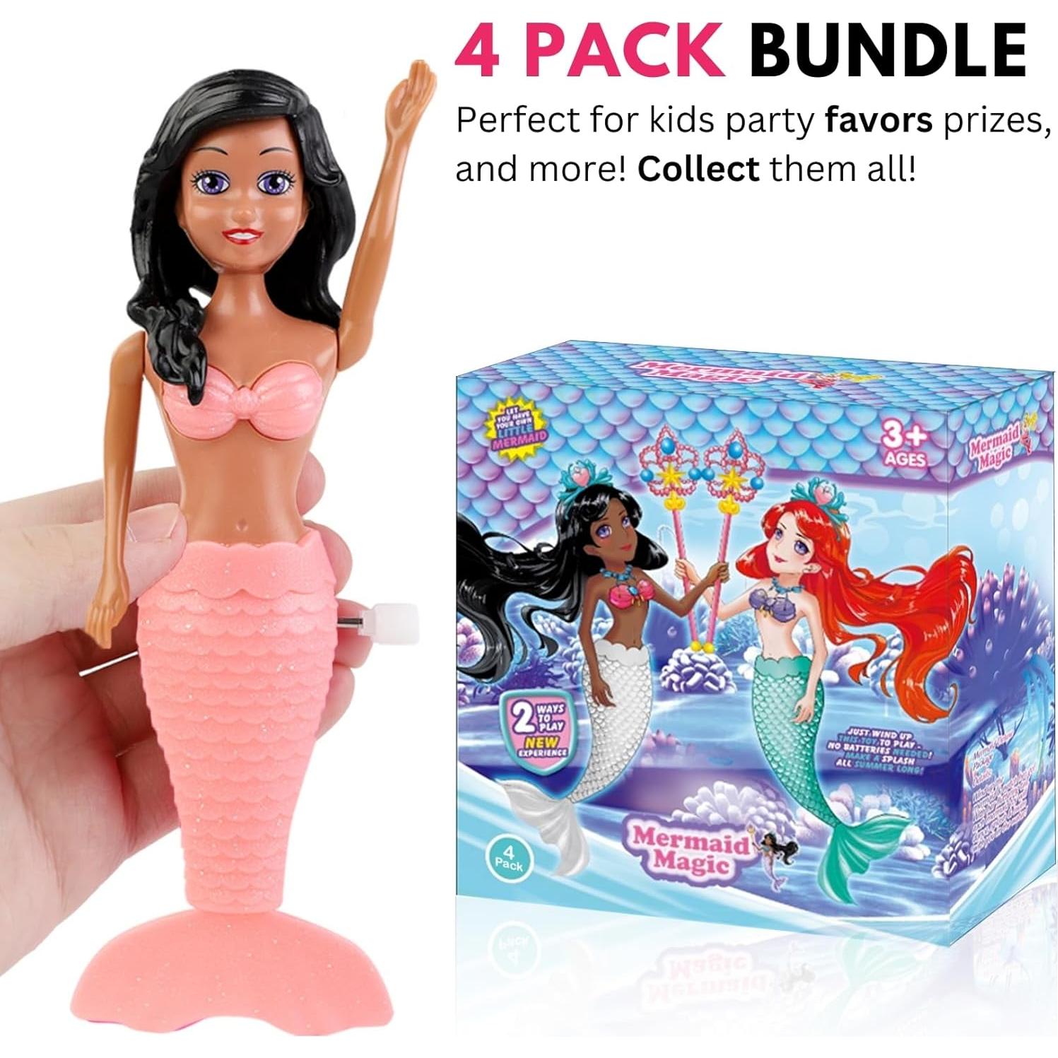 Mermaid Bath Toys for Toddlers Kids Girls - Princess Wind Up Tail Flap Floating Water Bathtub Toys, Swimming Pool Bathing Time Fun (4 Pack)