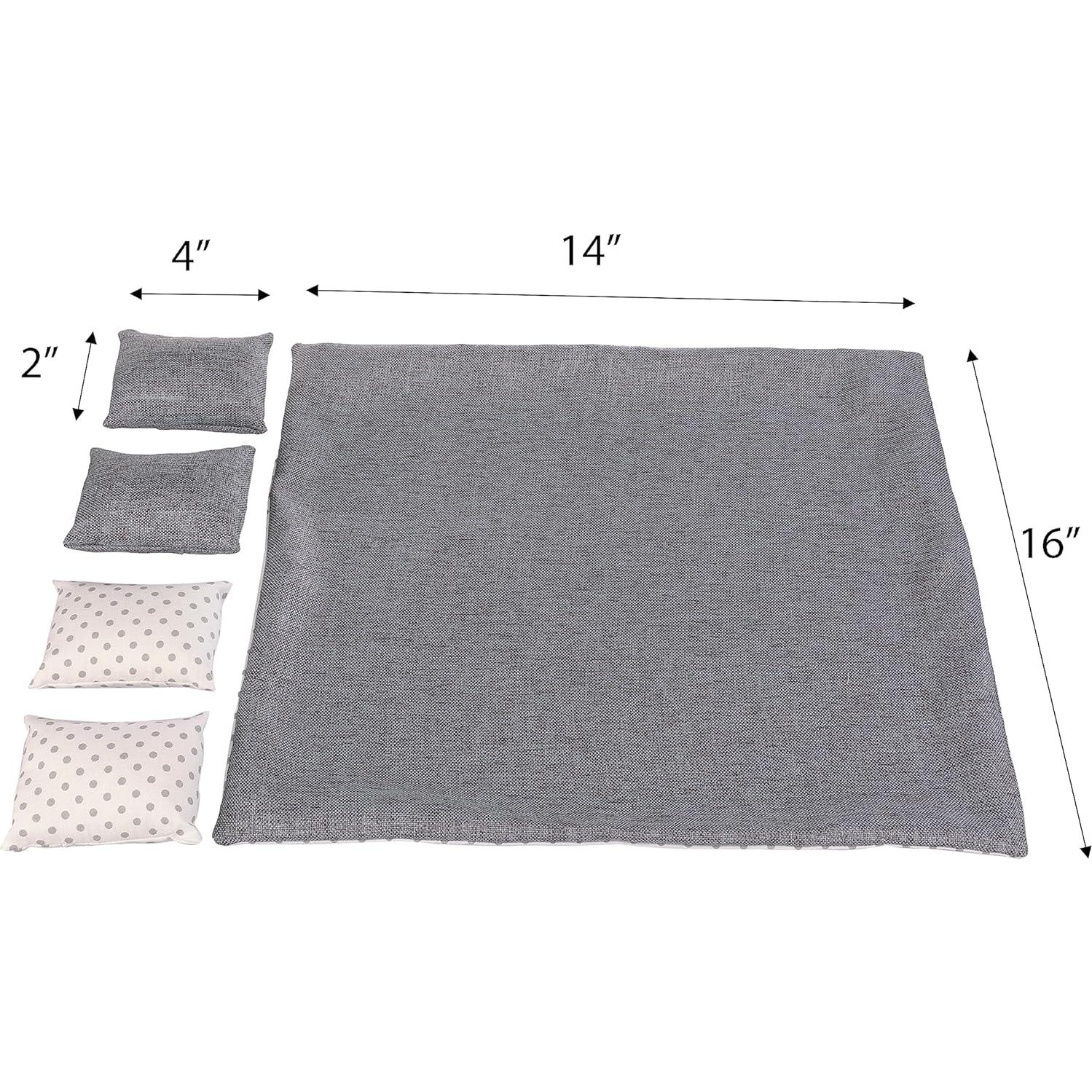 Dollhouse Bedding, 5 Piece Set with Comforter & Pillows, Blanket, Realistic Bedroom Accessories for 12 inch Dolls, 1/6 Scale