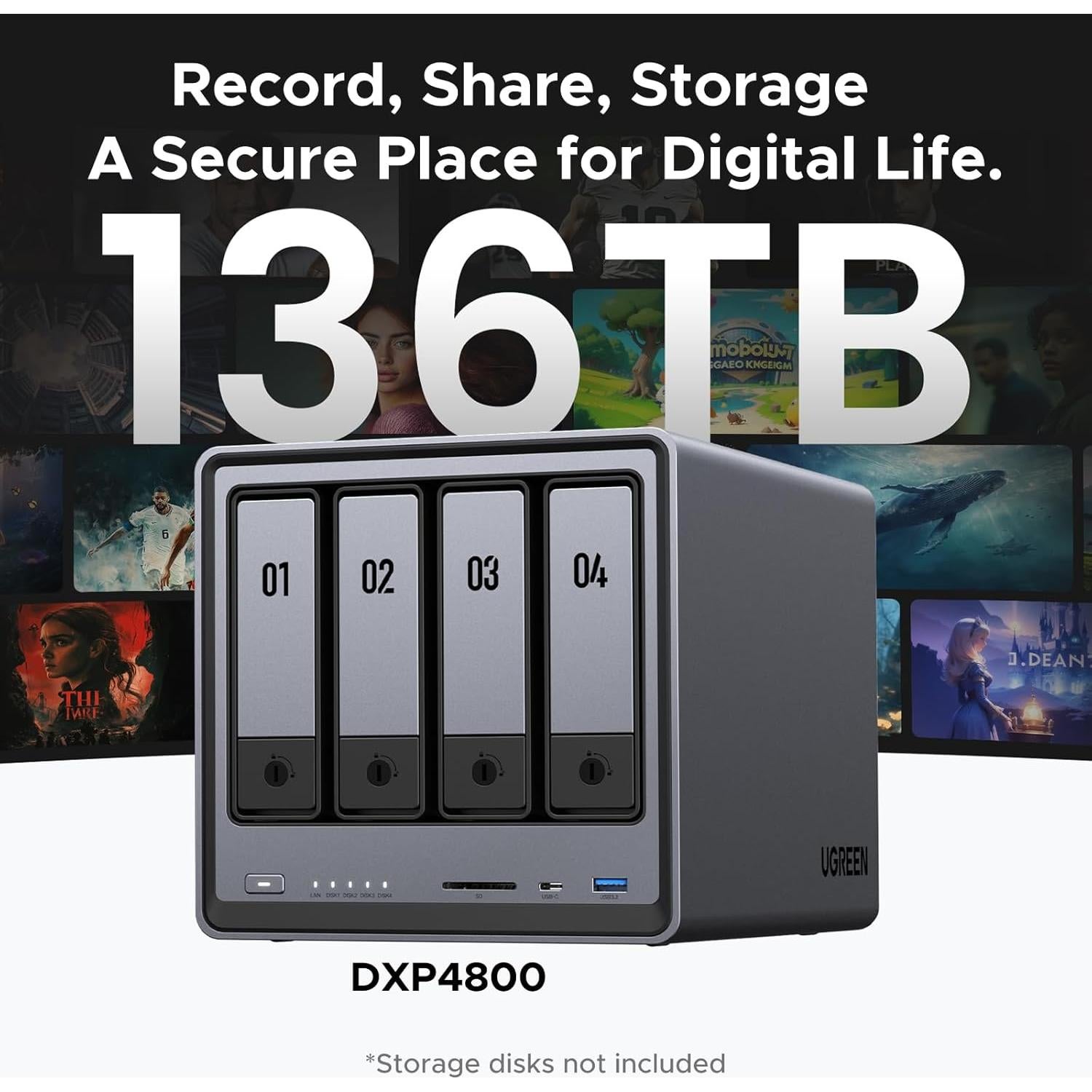 NAS UGREEN DXP4800 4-Bahías, Intel N100, 8GB RAM, 32GB eMMC