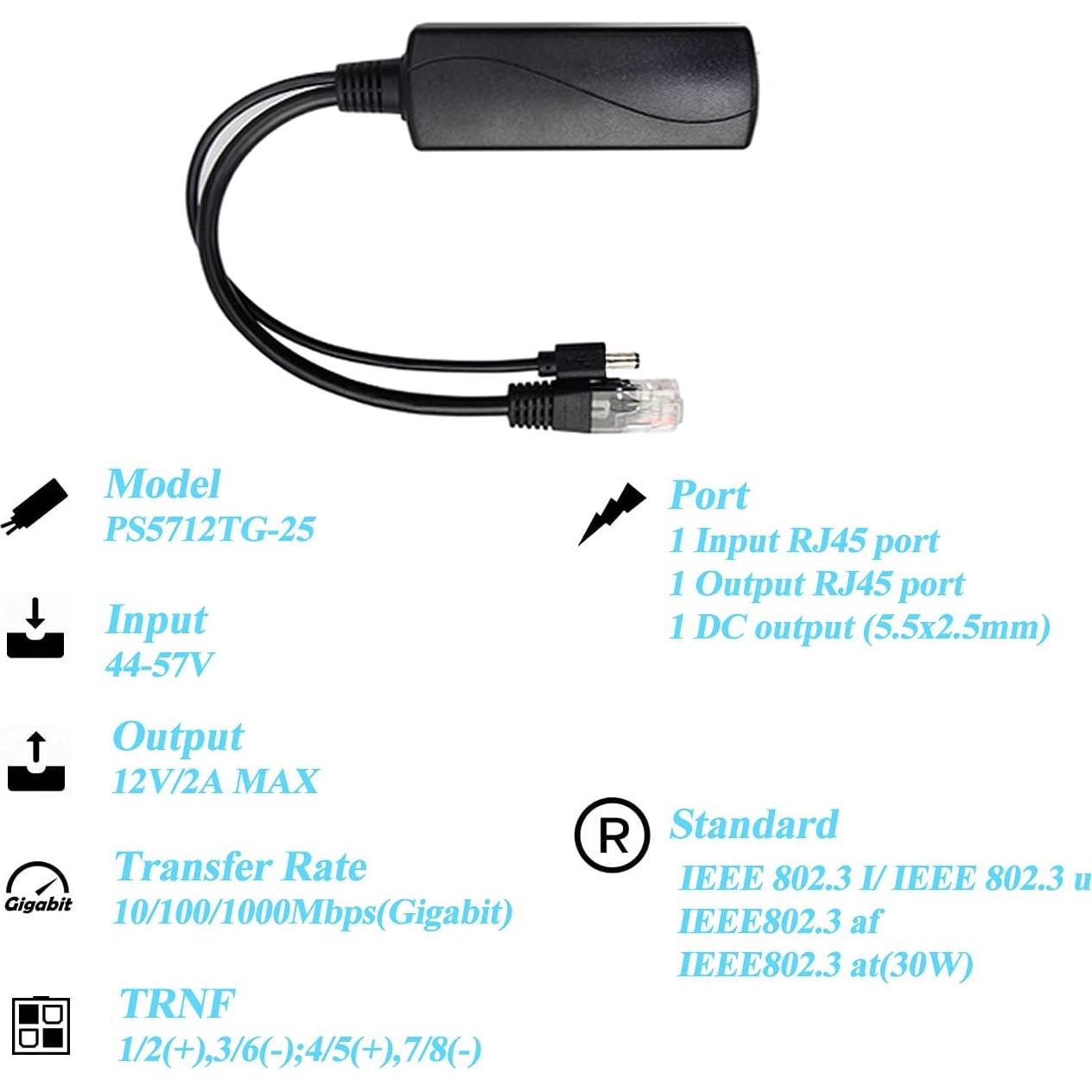 Divisor PoE REVOTECH 48V a 12V 2A Gigabit Plug & Play