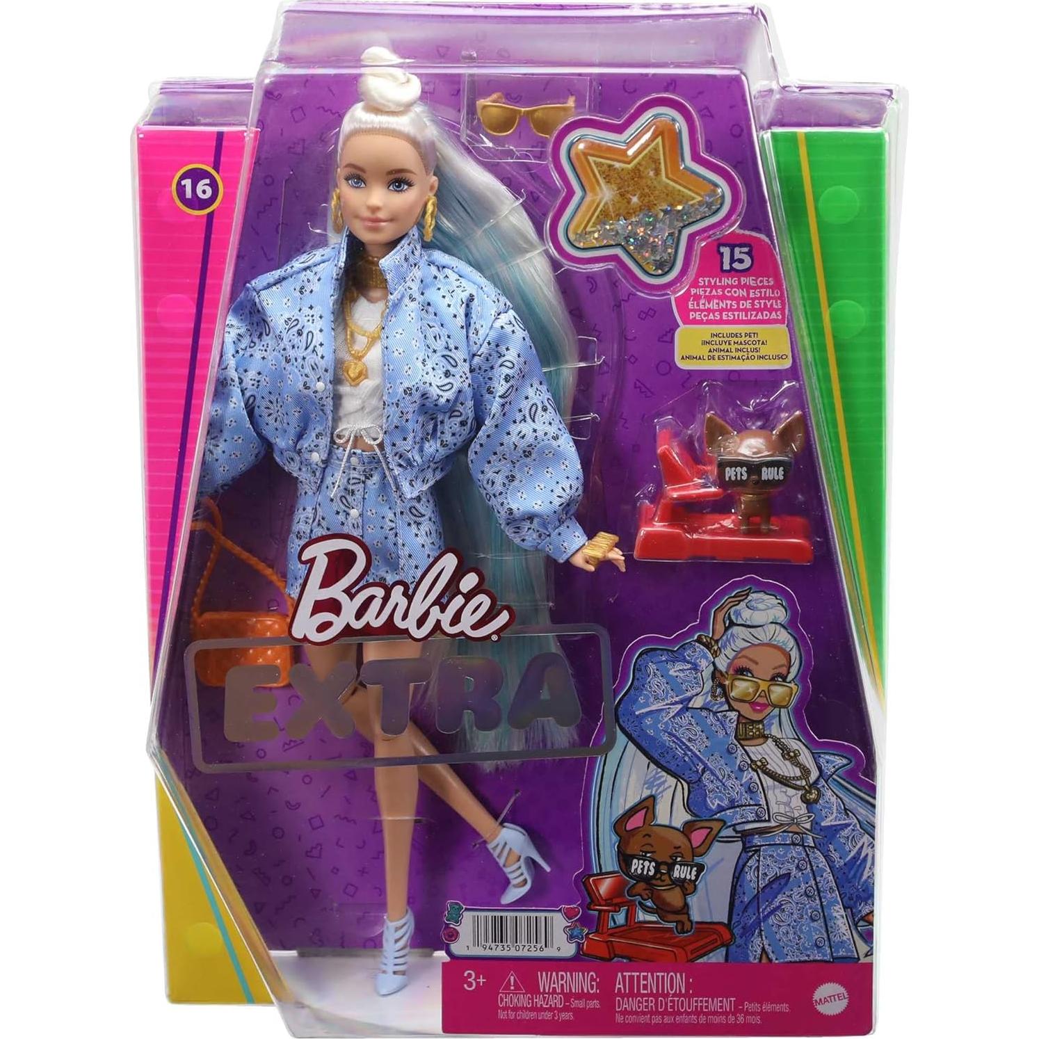 Muñeca Barbie Extra Rubia con Chaqueta Estampado Paisley Azul