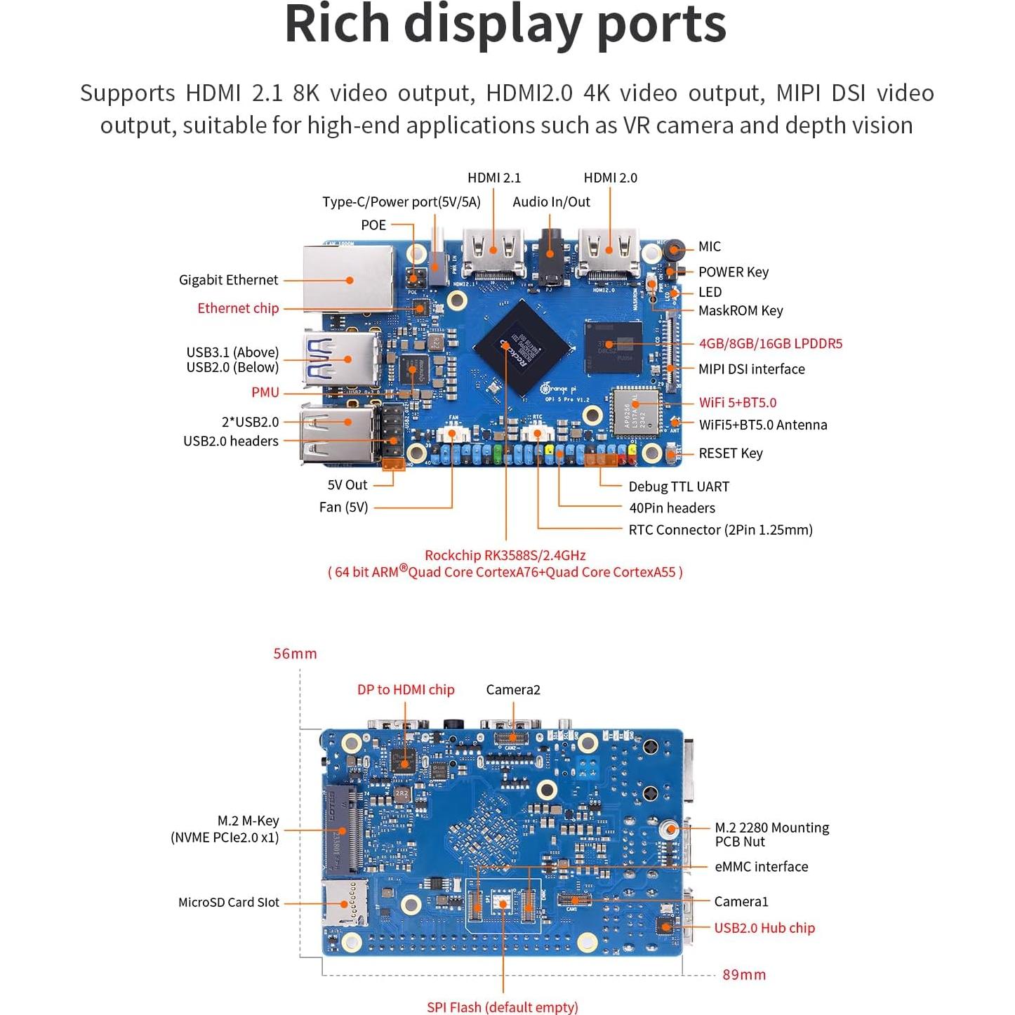 Ordenador de Placa Única Orange Pi 5 Pro 16GB LPDDR5 8 Núcleos