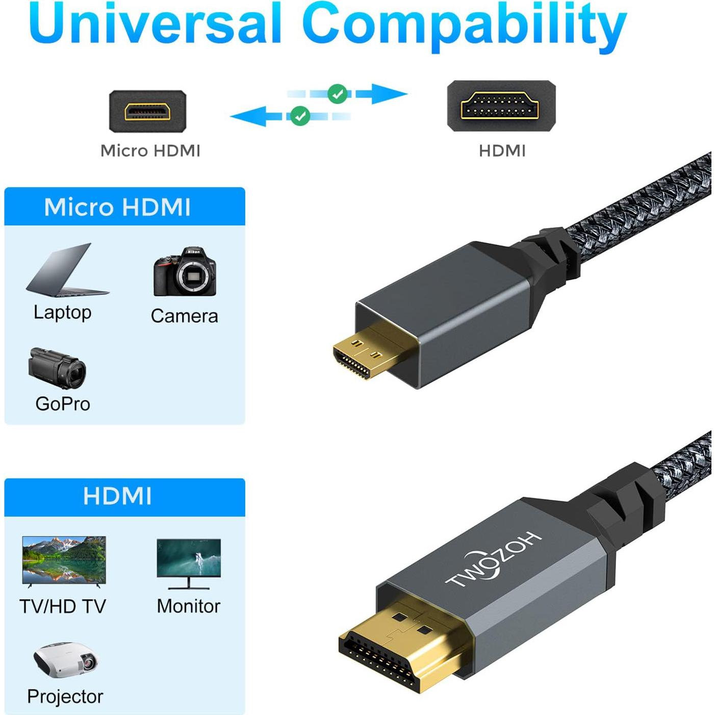 Cable Micro HDMI a HDMI Twozoh 0.3m Alta Velocidad 4K 1080p