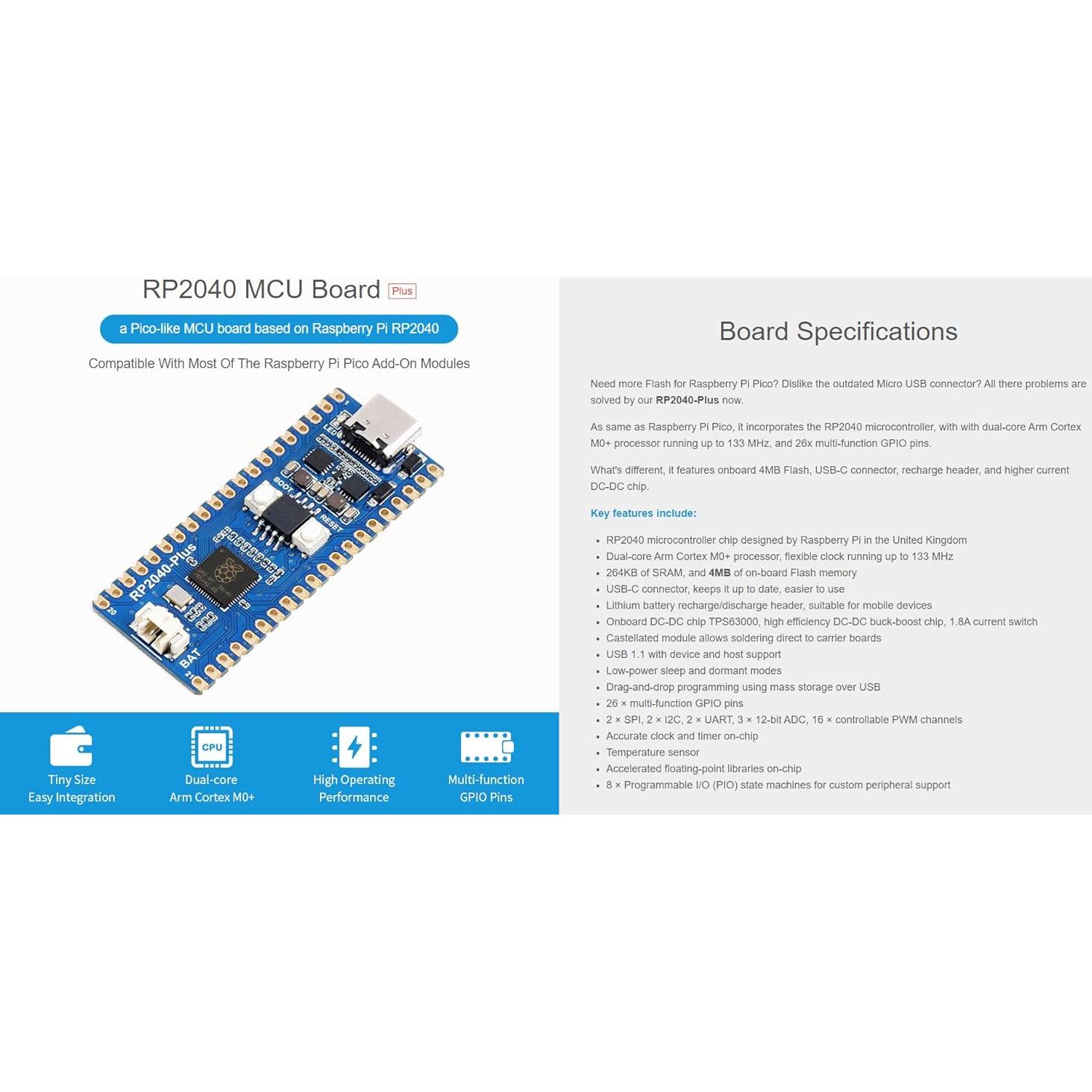 Placa MCU Waveshare RP2040-Plus 4MB USB-C 18g