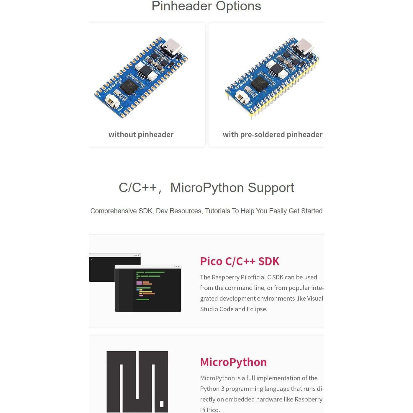 Placa MCU Waveshare RP2040-Plus 4MB USB-C 18g