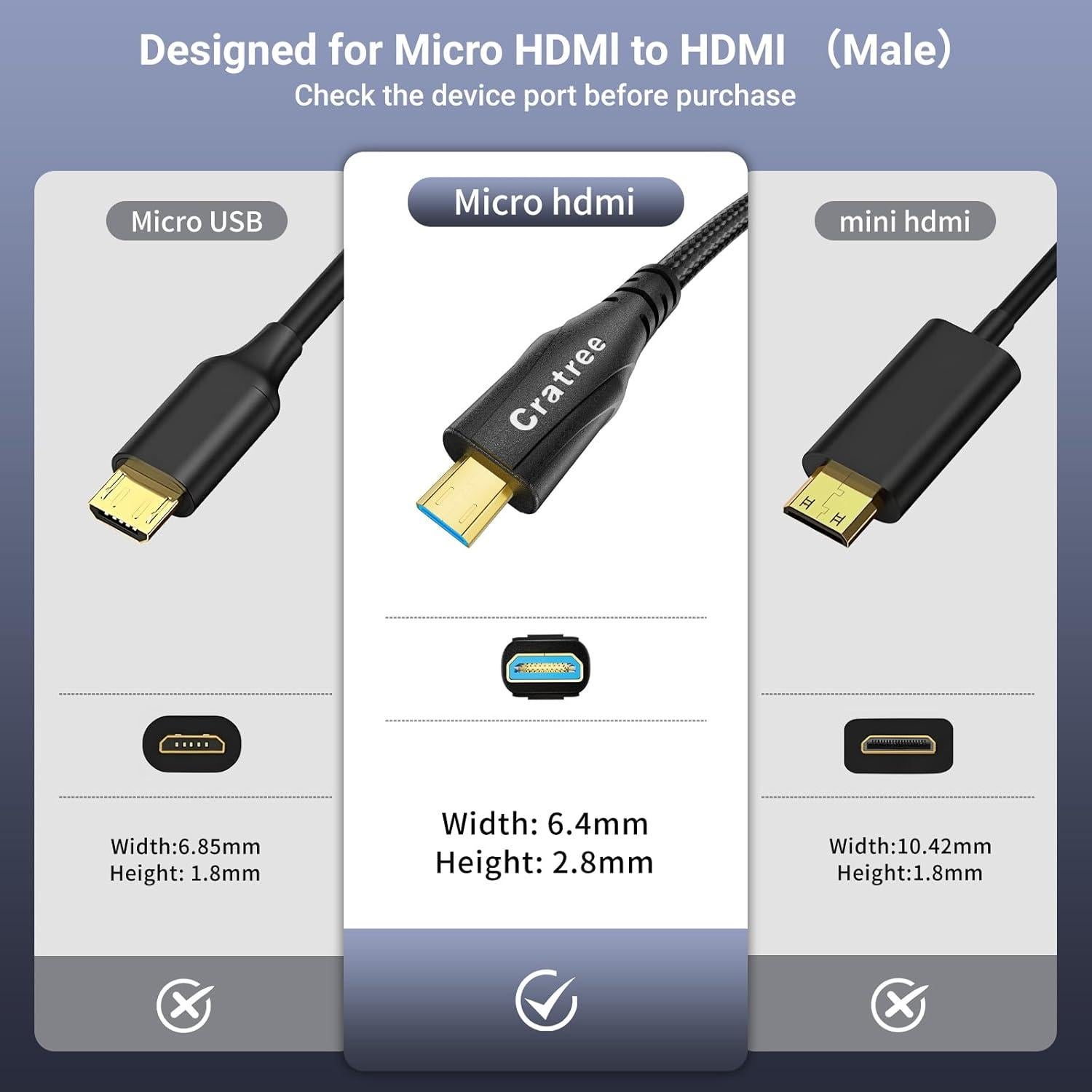 Cable Micro HDMI a HDMI Cratree 1.01m 8K 60Hz Ultra Alta Velocidad