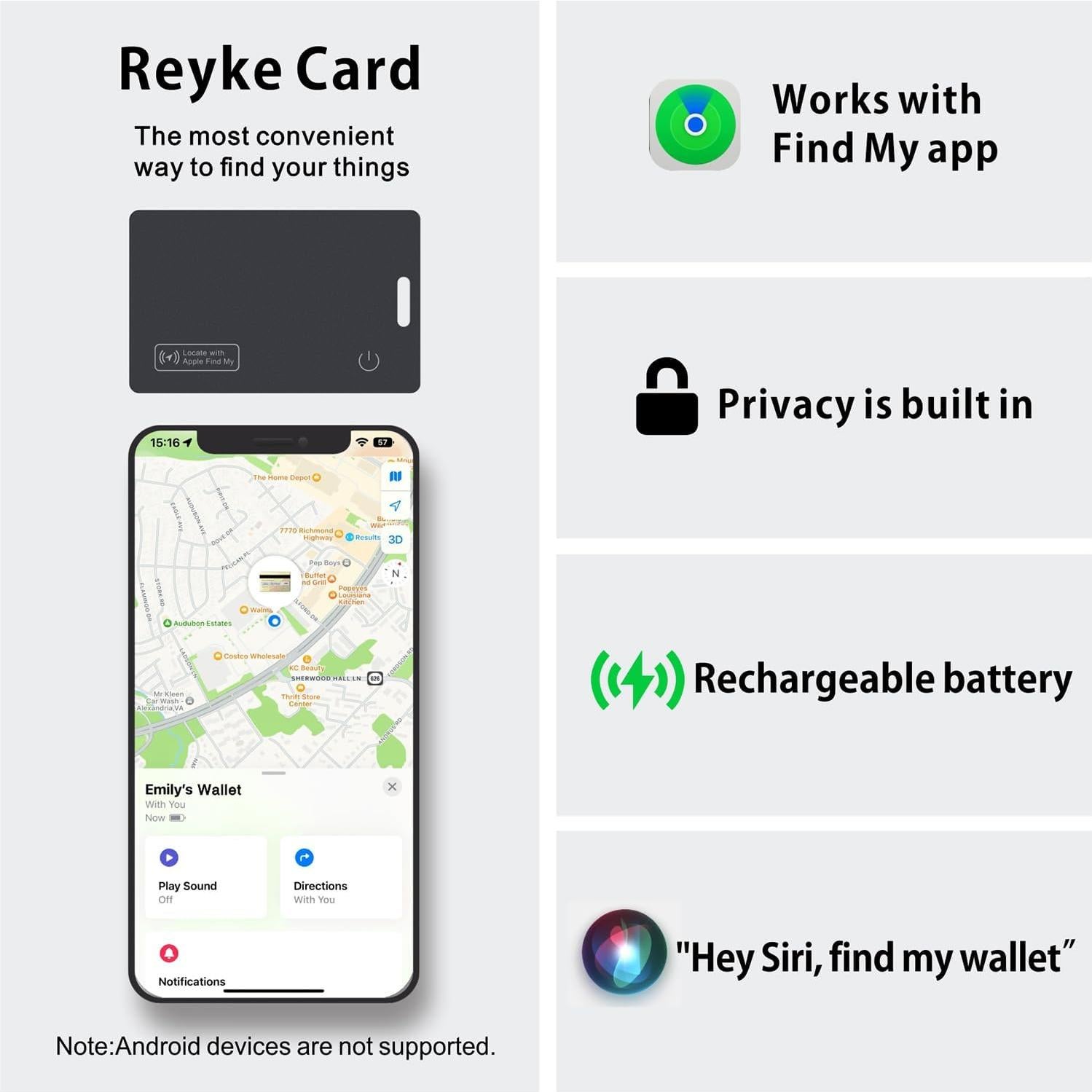 Rastreador de Tarjeta Reyke Slim Negro - Compatible con Apple Find My