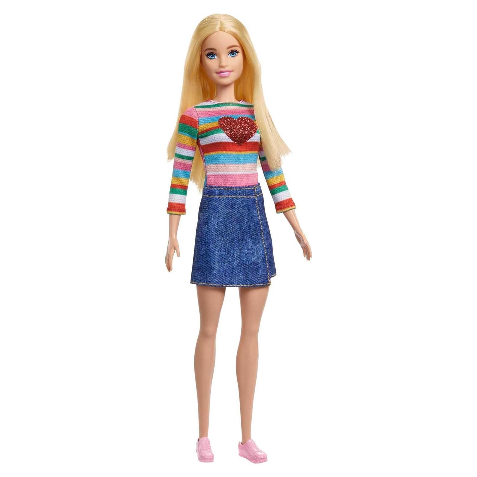 Muñeca Barbie Malibu con Camiseta Arcoíris y Falda de Mezclilla