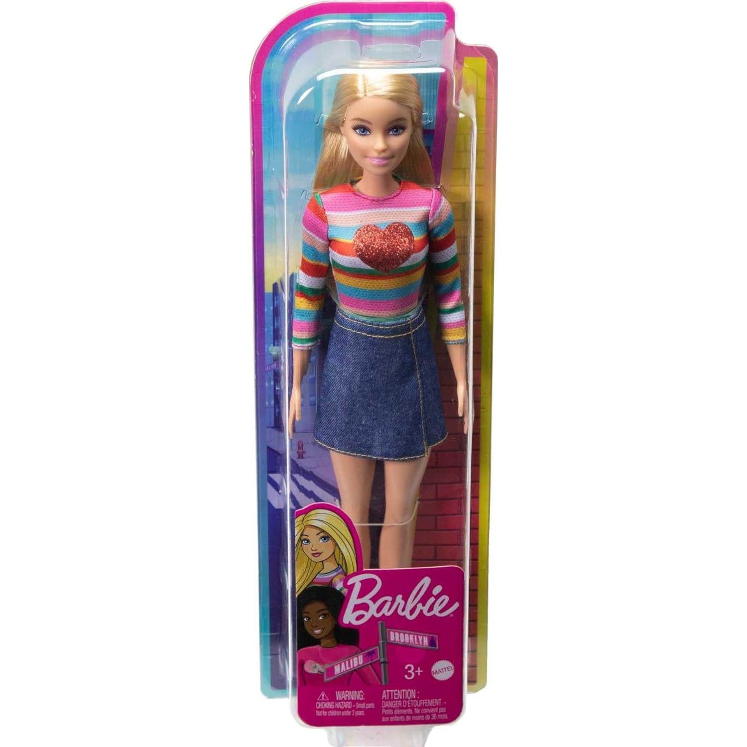 Muñeca Barbie Malibu con Camiseta Arcoíris y Falda de Mezclilla