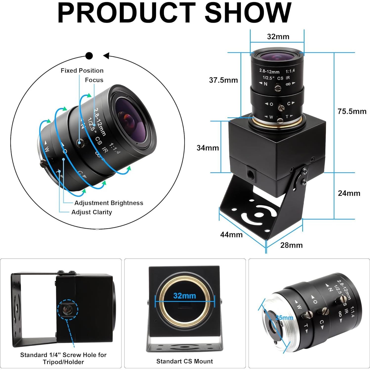 Cámara USB IFWATER 4K 2.8-12mm Lente Manual 4X Zoom