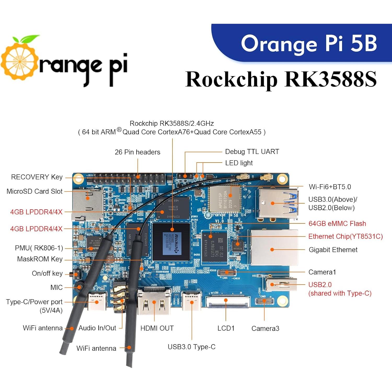 Computadora de Placa Única Orange Pi 5B 8GB 64GB eMMC
