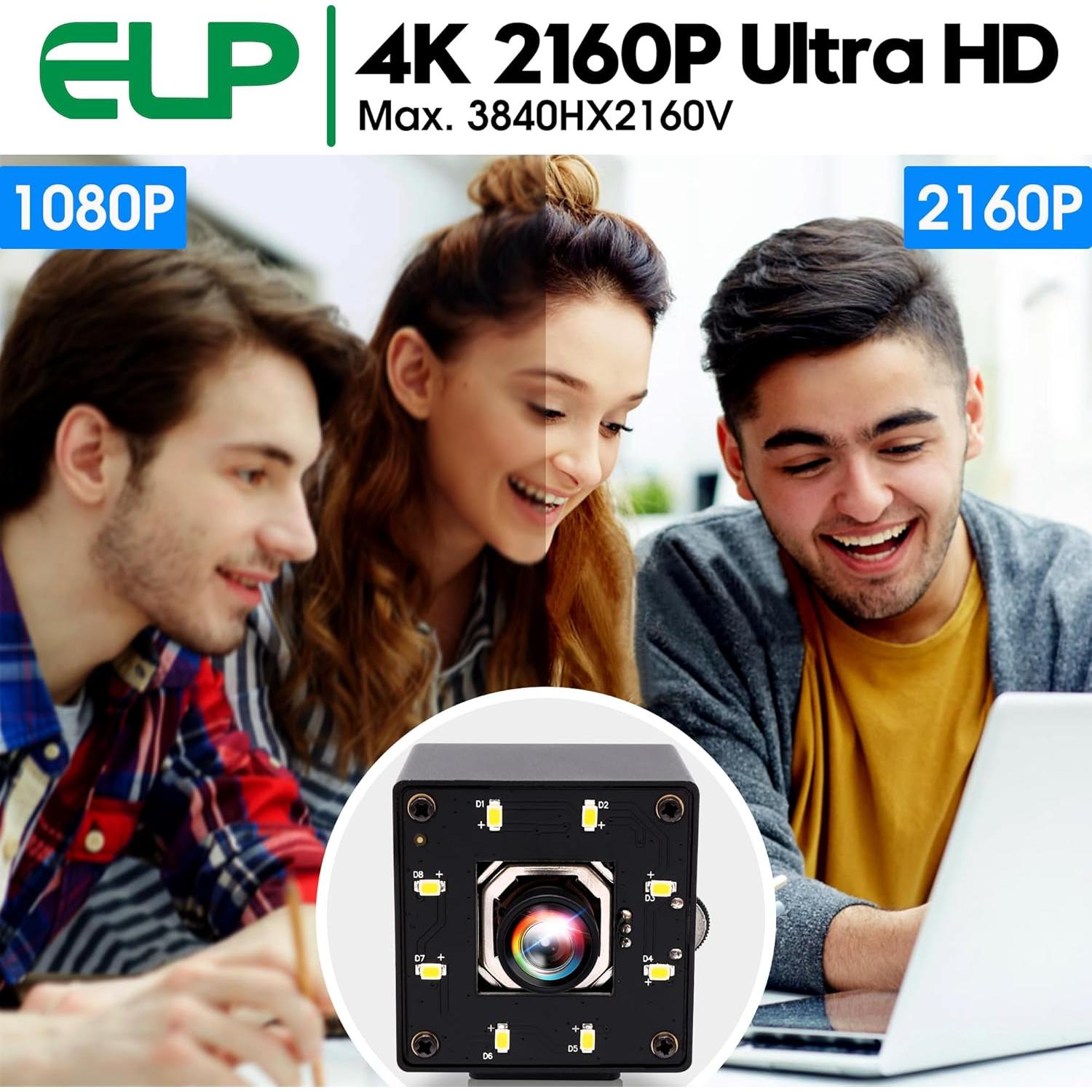 Cámara USB 4K ELP IMX415 Autofoco 100° para PC y Raspberry Pi