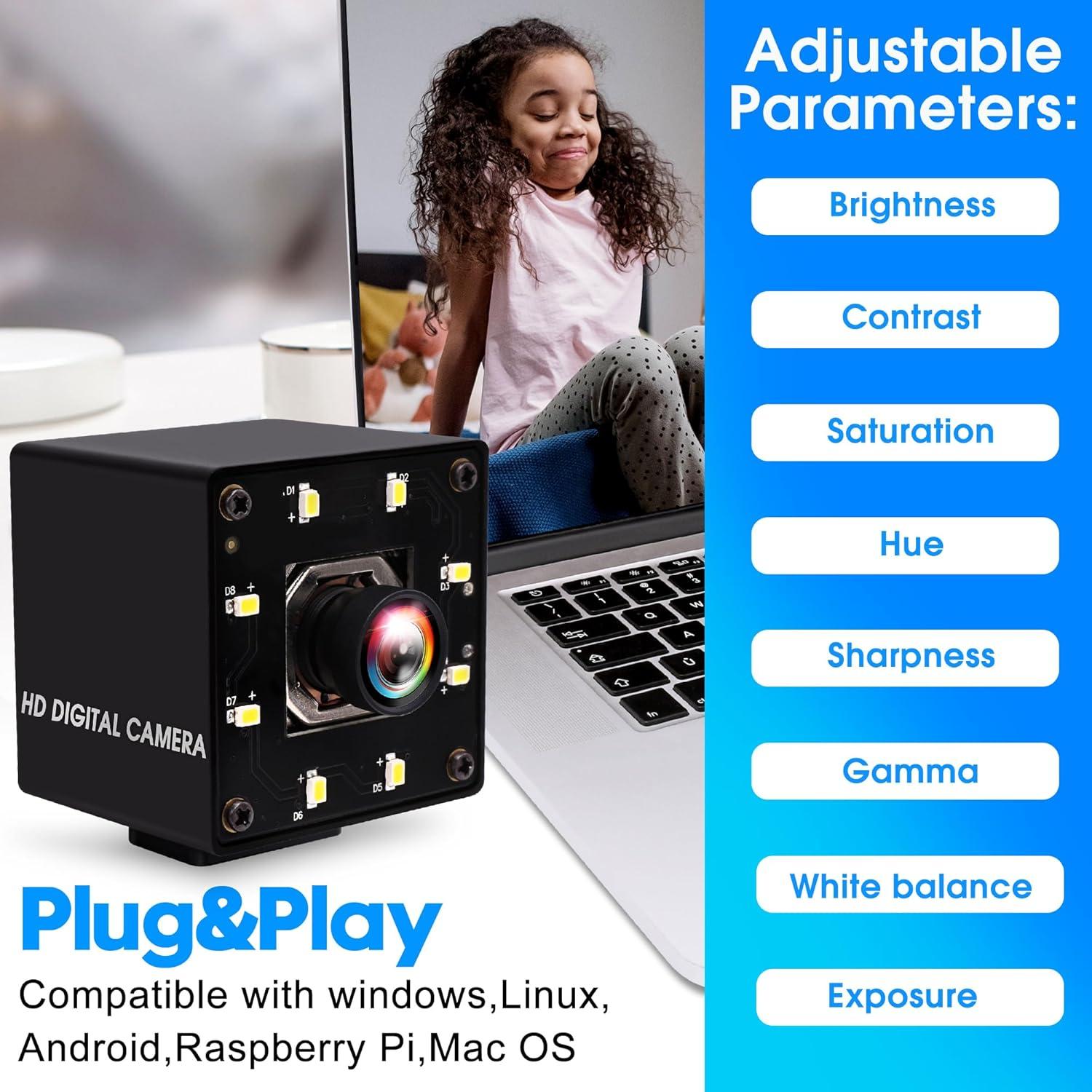 Cámara USB 4K ELP IMX415 Autofoco 100° para PC y Raspberry Pi