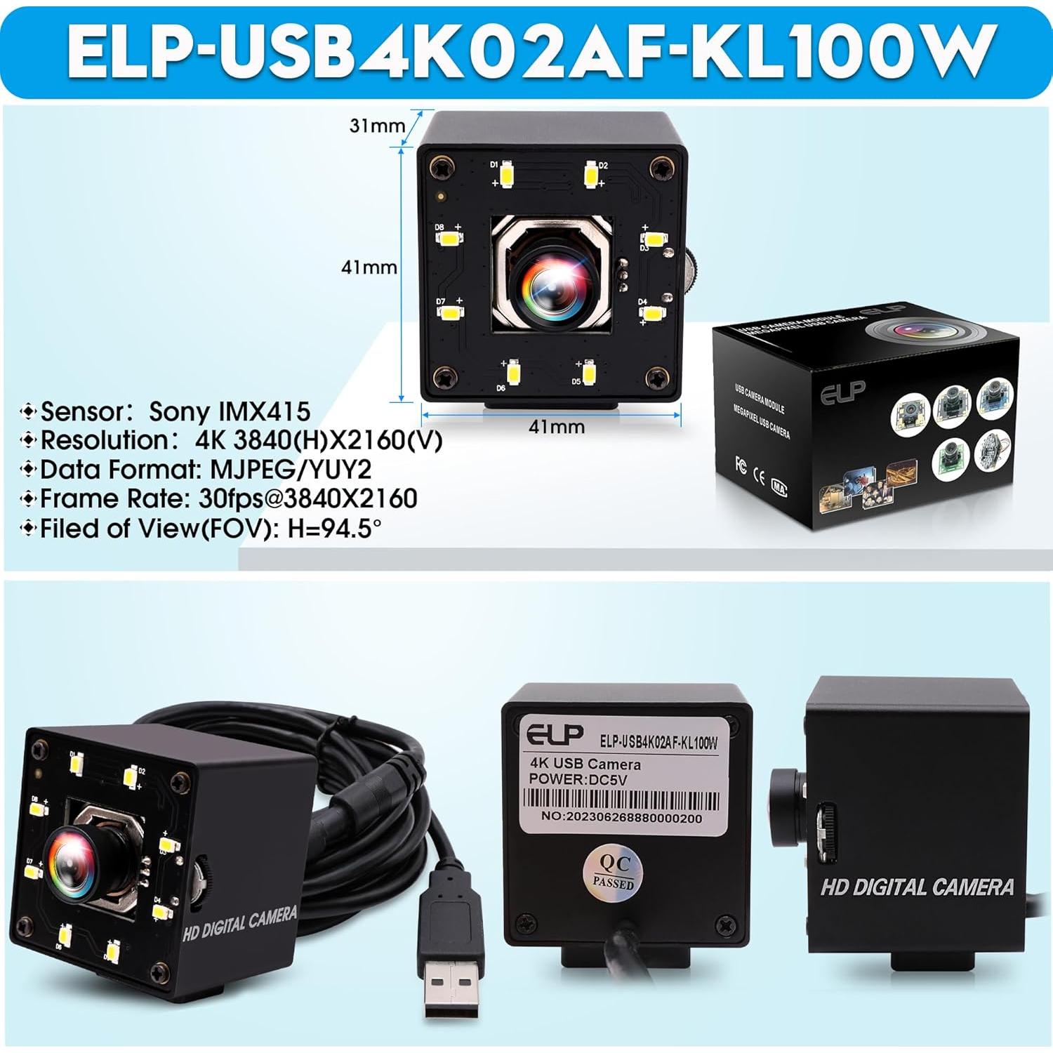 Cámara USB 4K ELP IMX415 Autofoco 100° para PC y Raspberry Pi