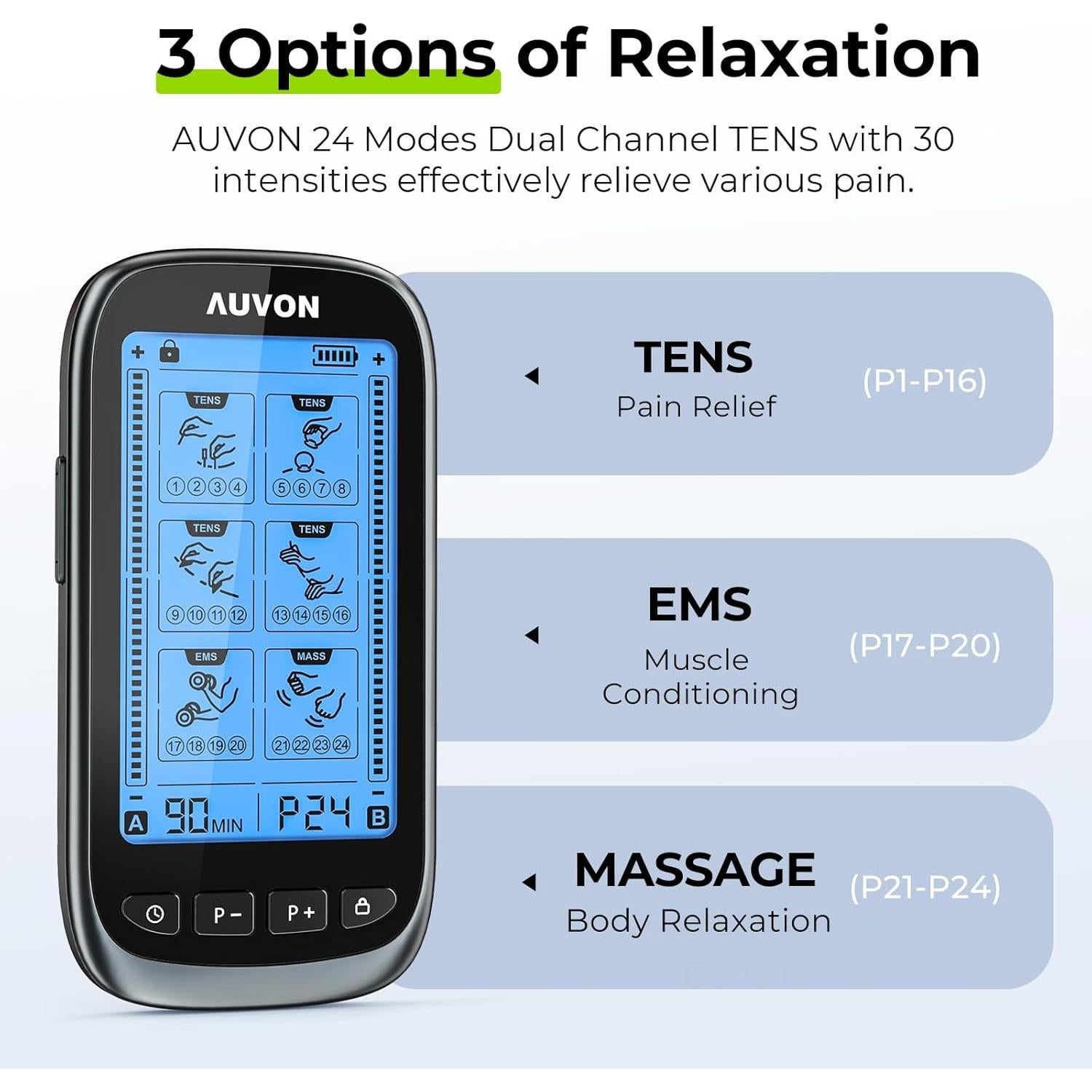 AUVON Estimulador Muscular TENS 3-en-1 con 24 Modos