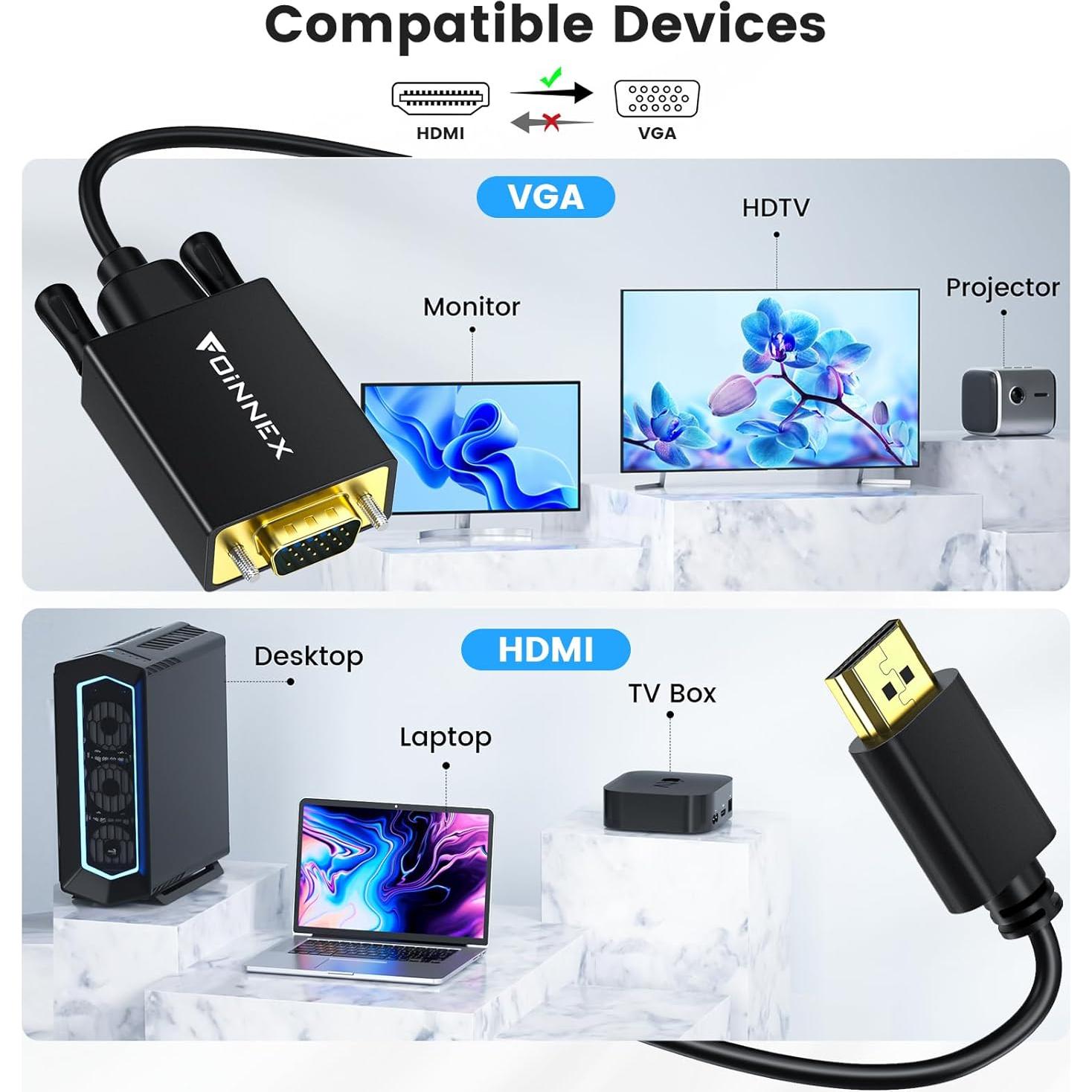 Adaptador HDMI a VGA FOINNEX 2M 1080P para PC y Proyector