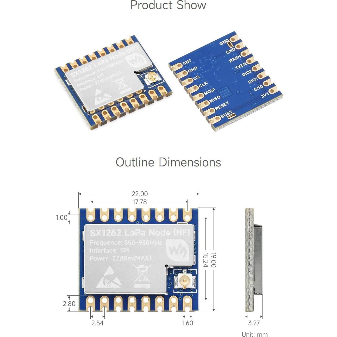 Waveshare Core1262 HF LoRa Module, SX1262 Chip, Meshtastic Devices,Long-Range Communication, Anti-Interference, Suitable for Sub-GHz Band