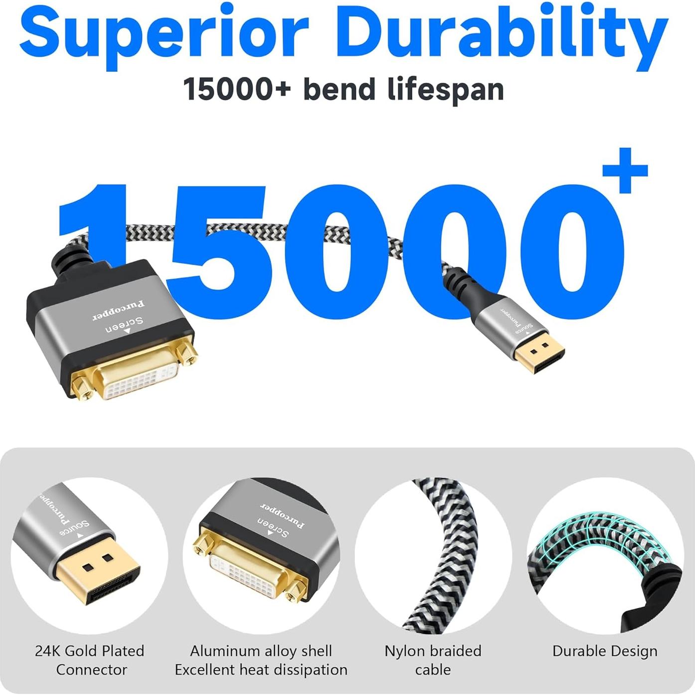 Adaptador DisplayPort 4K a DVI Purcopper - DP Macho a DVI Hembra