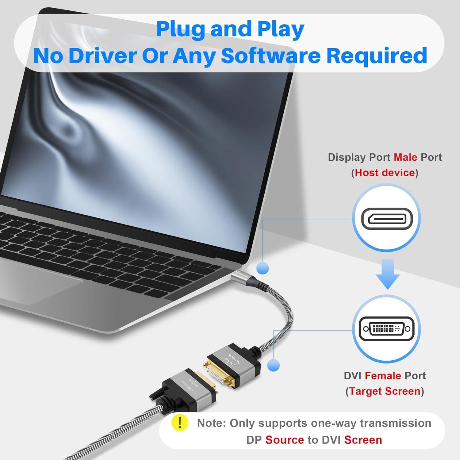 Adaptador DisplayPort 4K a DVI Purcopper - DP Macho a DVI Hembra