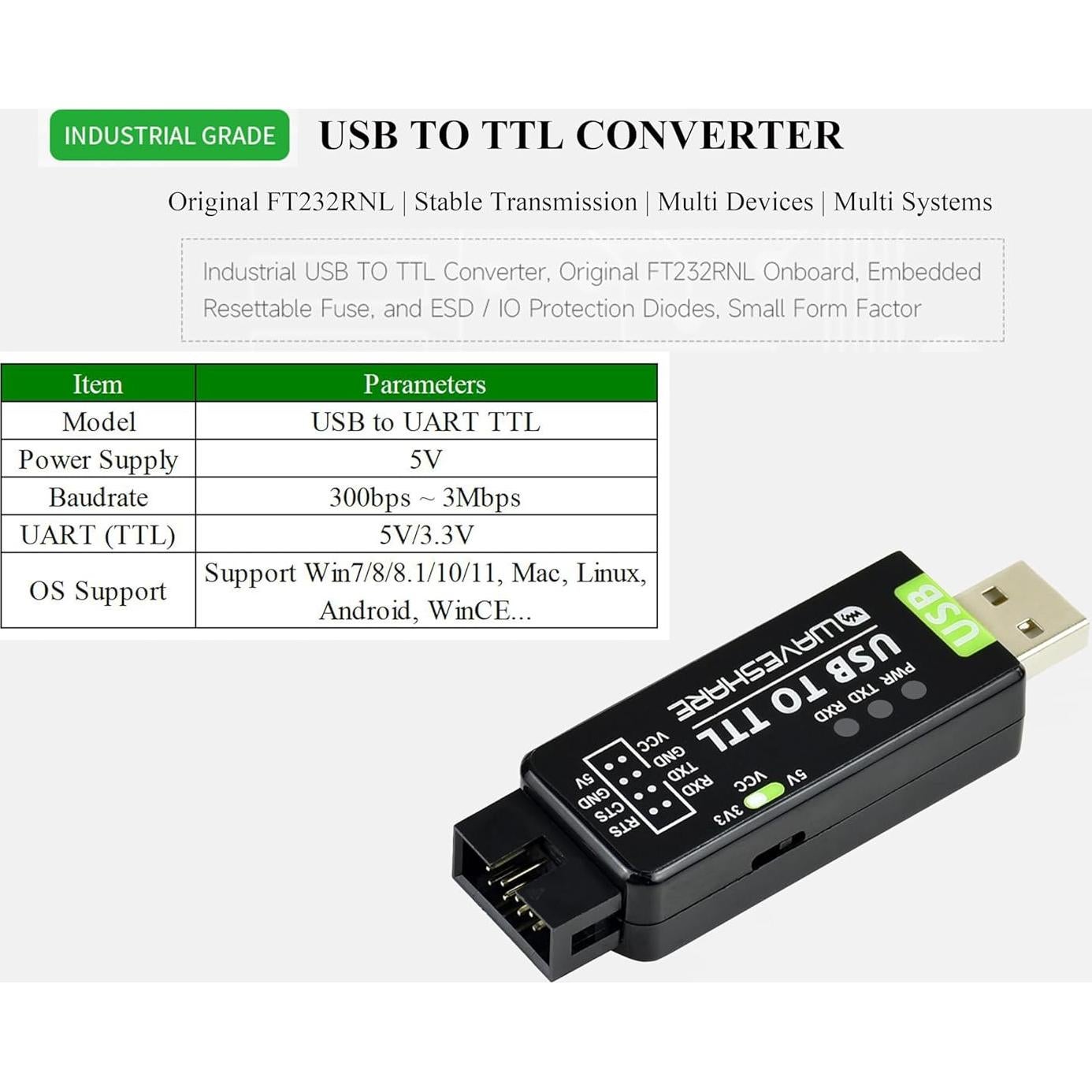 Convertidor USB a TTL Industrial UeeKKoo FT232RNL 18g