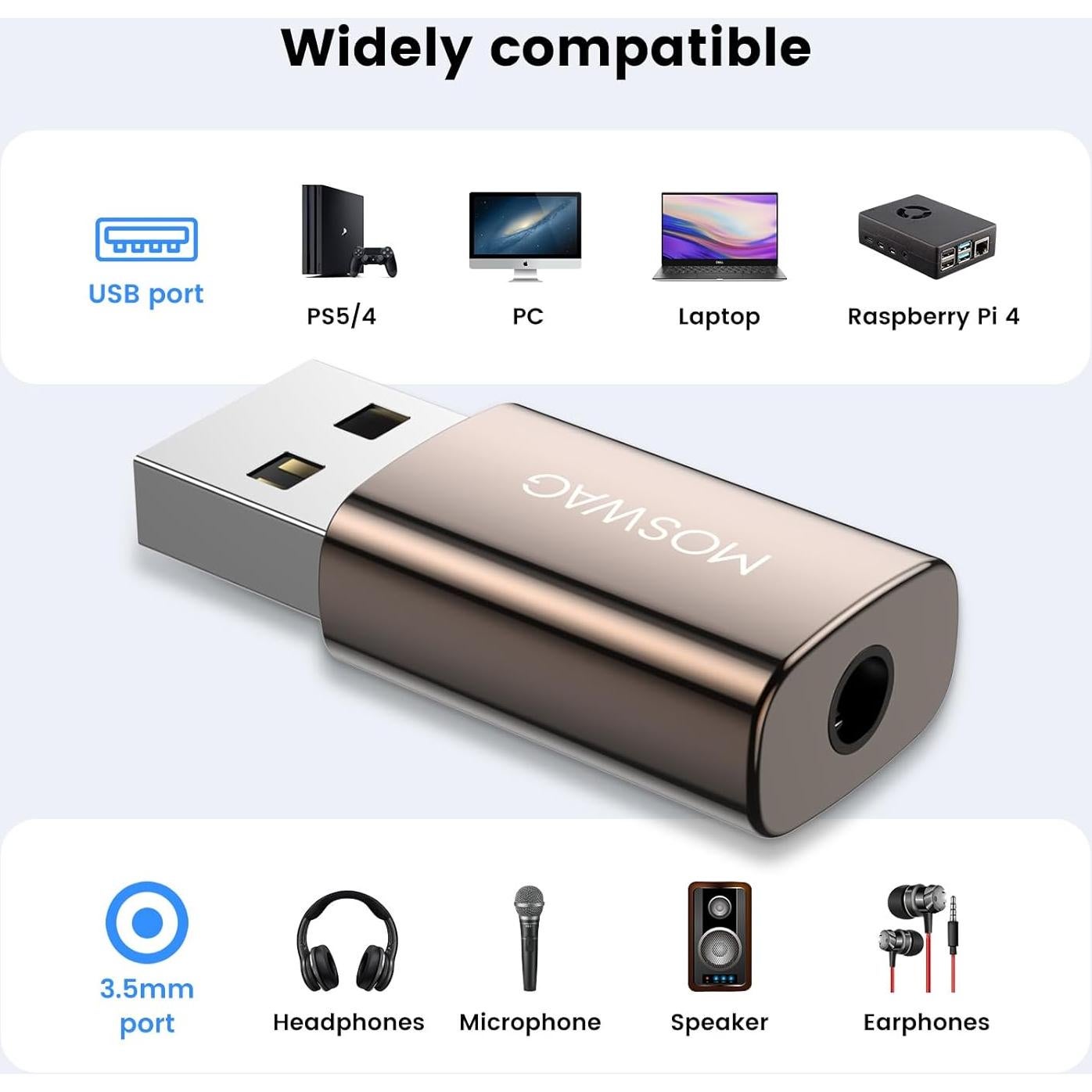 Adaptador de Audio USB a Jack 3.5mm MOSWAG - Compatible PS4, PC