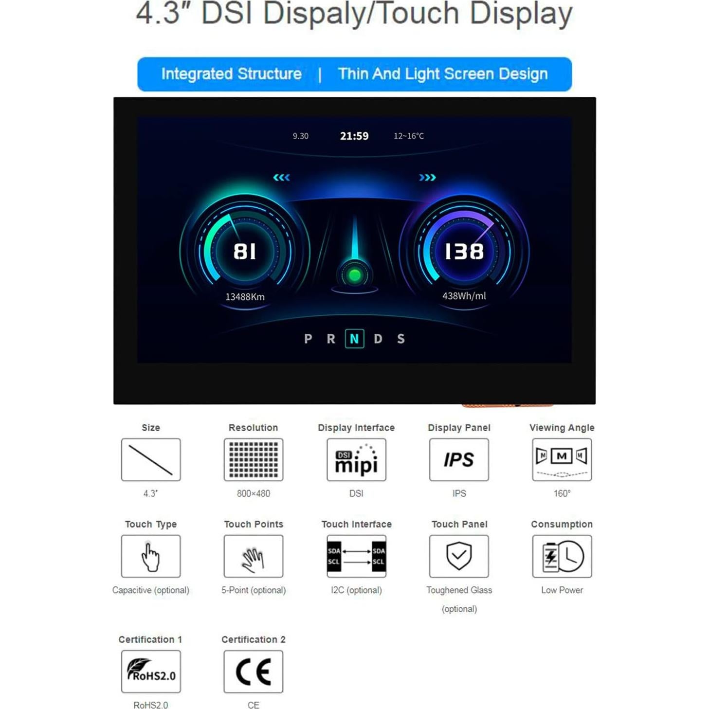 Pantalla DSI 4.3" Waveshare IPS 800x480 para Raspberry Pi