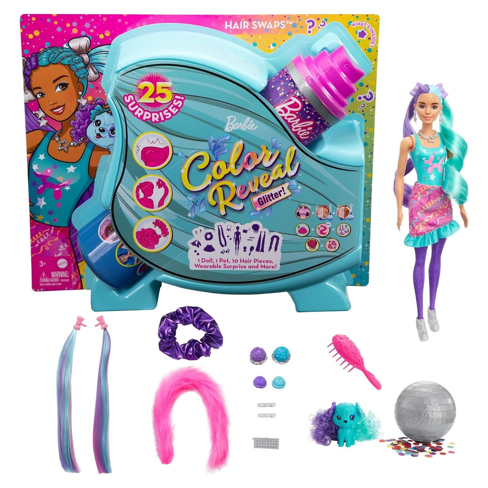 Muñeca Barbie Color Reveal Glitter con 25 Sorpresas y Peinados