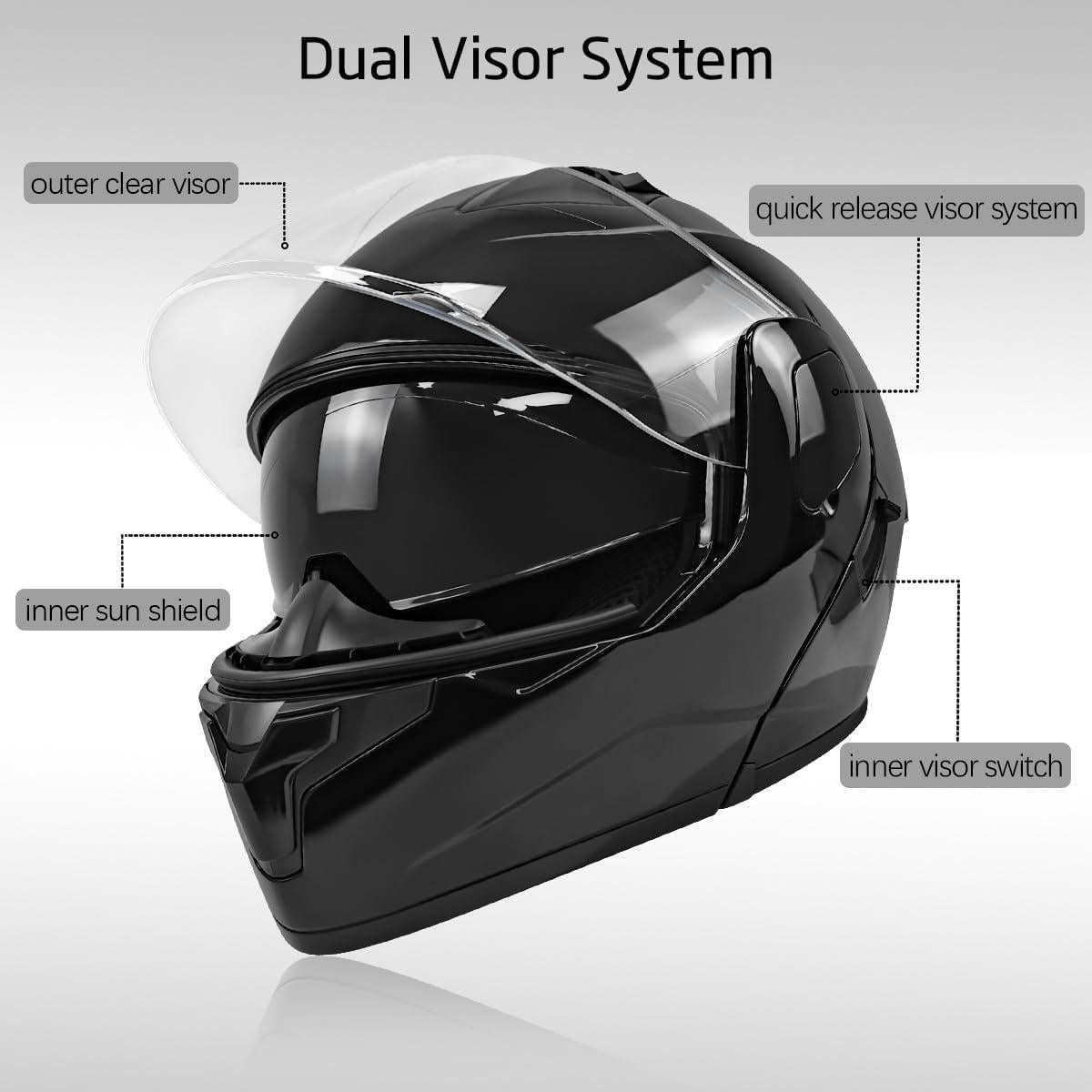 Modular Motorcycle Helmet Gloss Black Full Face Flip Up Dual Visor Sunshield DOT Approved ATV Street Racing Dirt Bike Snowmobile Moped Cruiser, Small