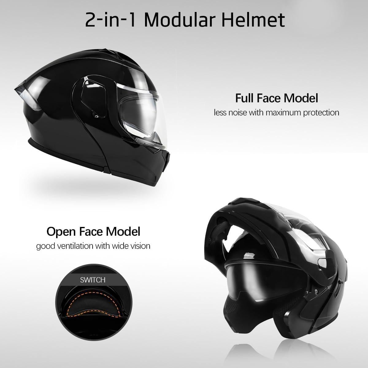 Modular Motorcycle Helmet Gloss Black Full Face Flip Up Dual Visor Sunshield DOT Approved ATV Street Racing Dirt Bike Snowmobile Moped Cruiser, Small