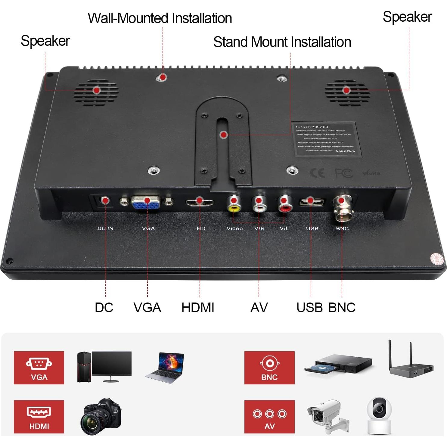 Monitor de Seguridad 10.1" FHD WHOLEV 1024x600 VGA HDMI USB