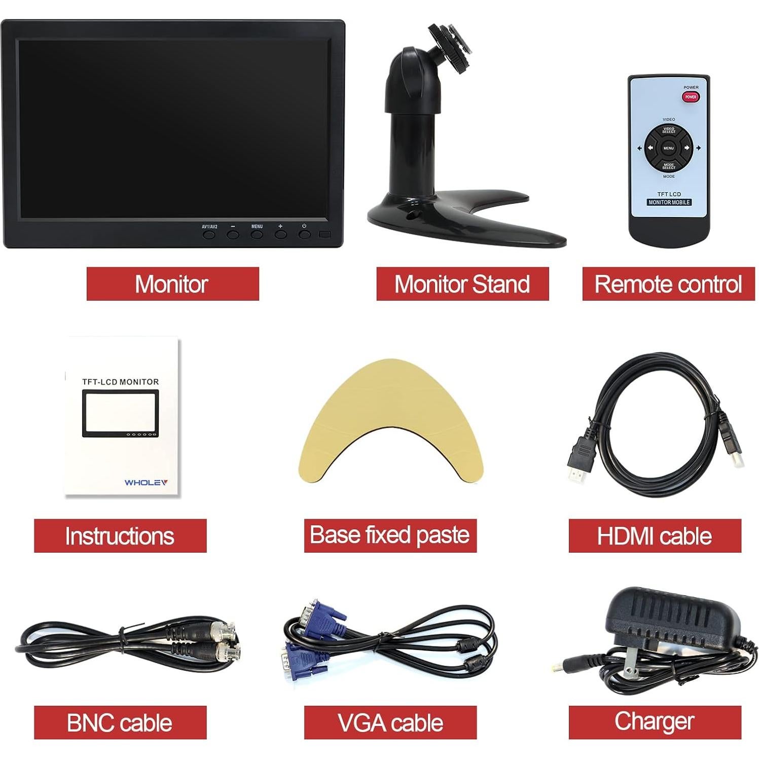 Monitor de Seguridad 10.1" FHD WHOLEV 1024x600 VGA HDMI USB